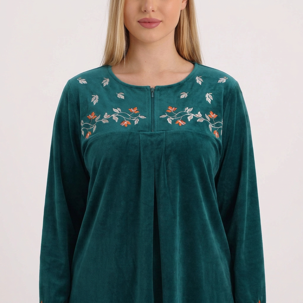 Teal pajama detail close-up on our blonde model