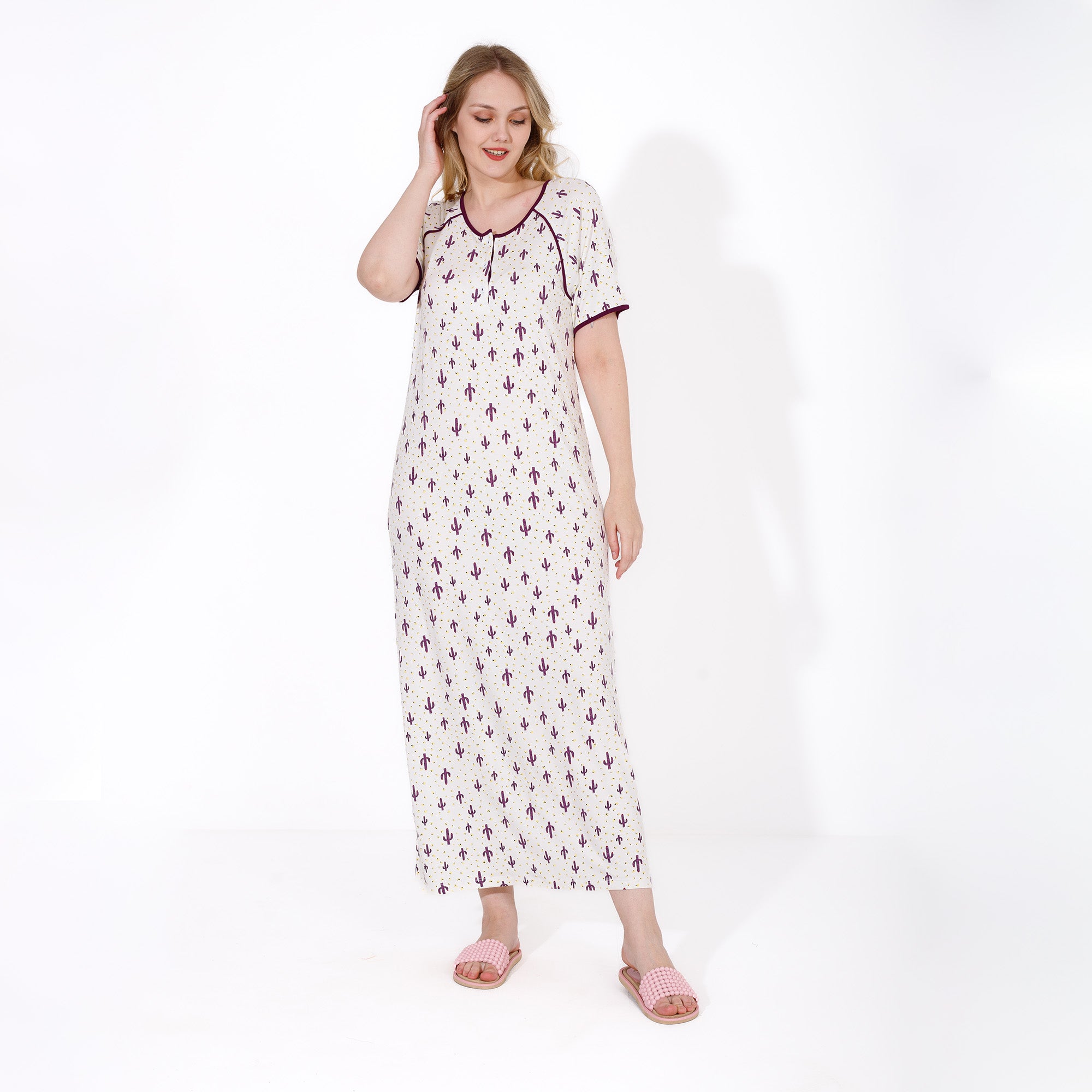 Elegant Cotton Printed Nightdress – Short Sleeve, Full Length