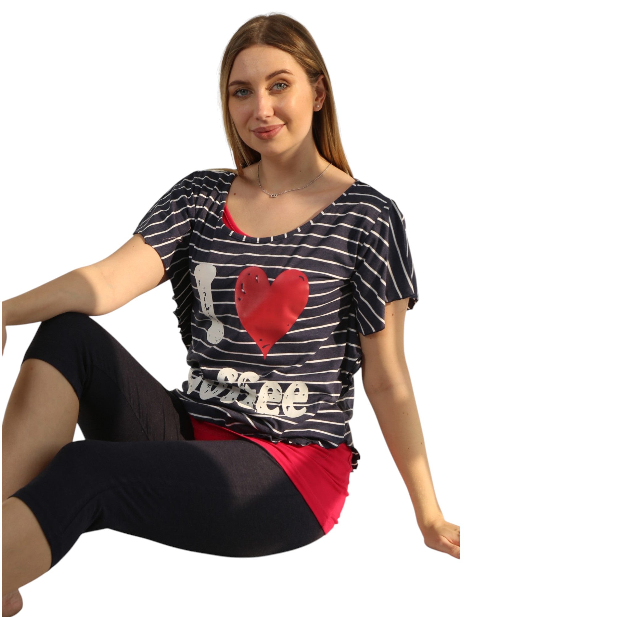 3-Piece Cotton Pajama Set – I Love Coffee Print, Comfortable Summer Sleepwear