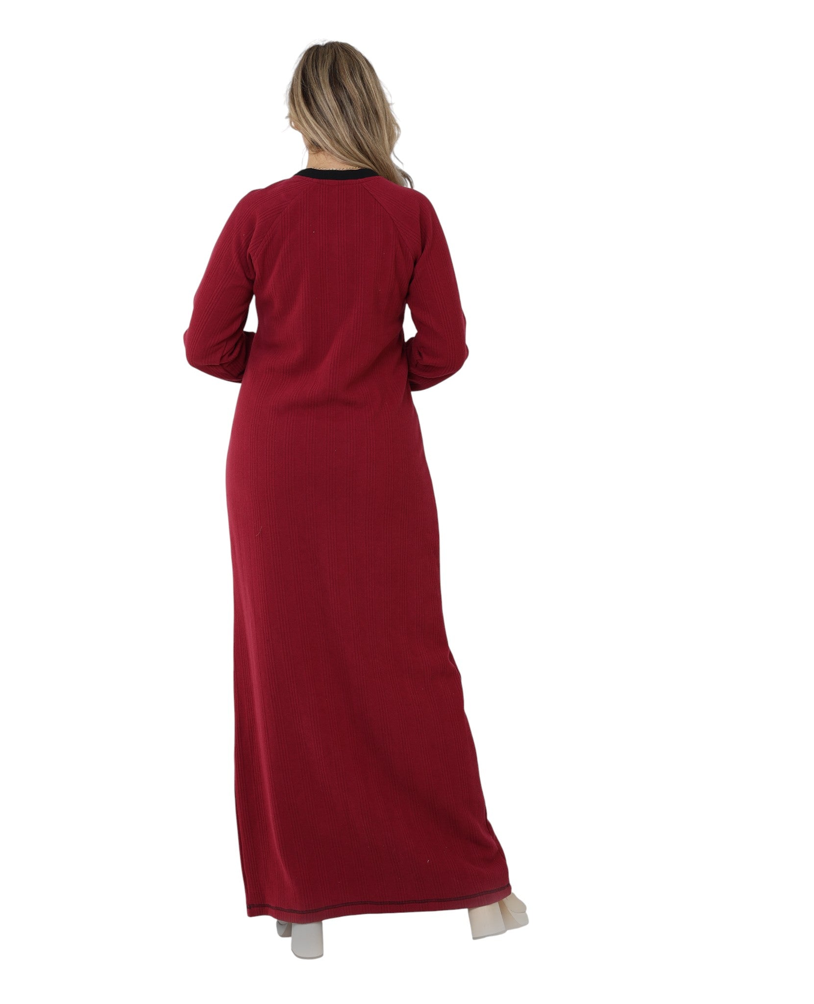 Women’s Long Sleeve Winter Abaya – Jacquard Textured Cotton – Warm Home Wear – Maxi Length Galabeya