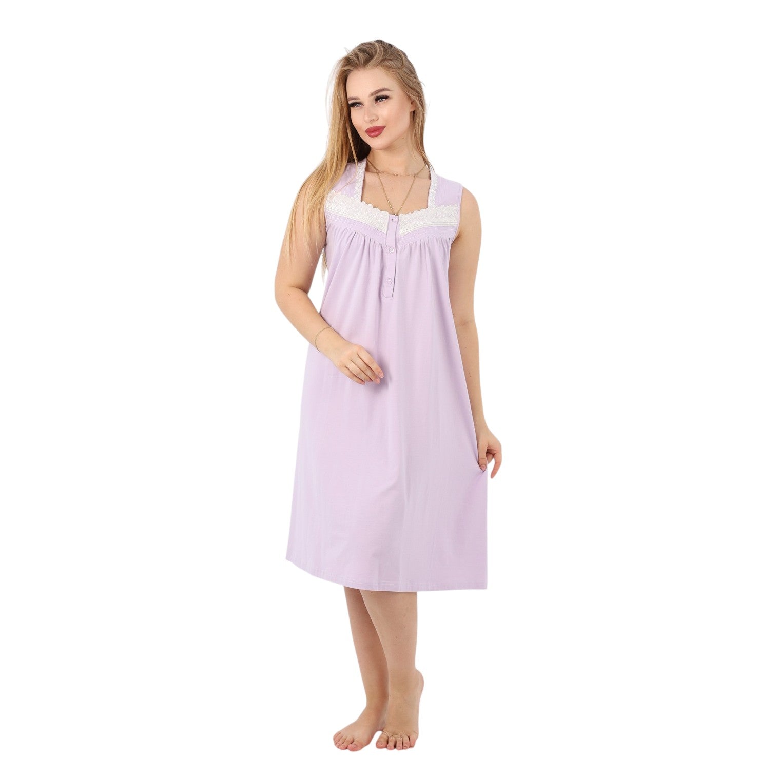 Sleeveless Cotton Nightdress in Soft Lilac