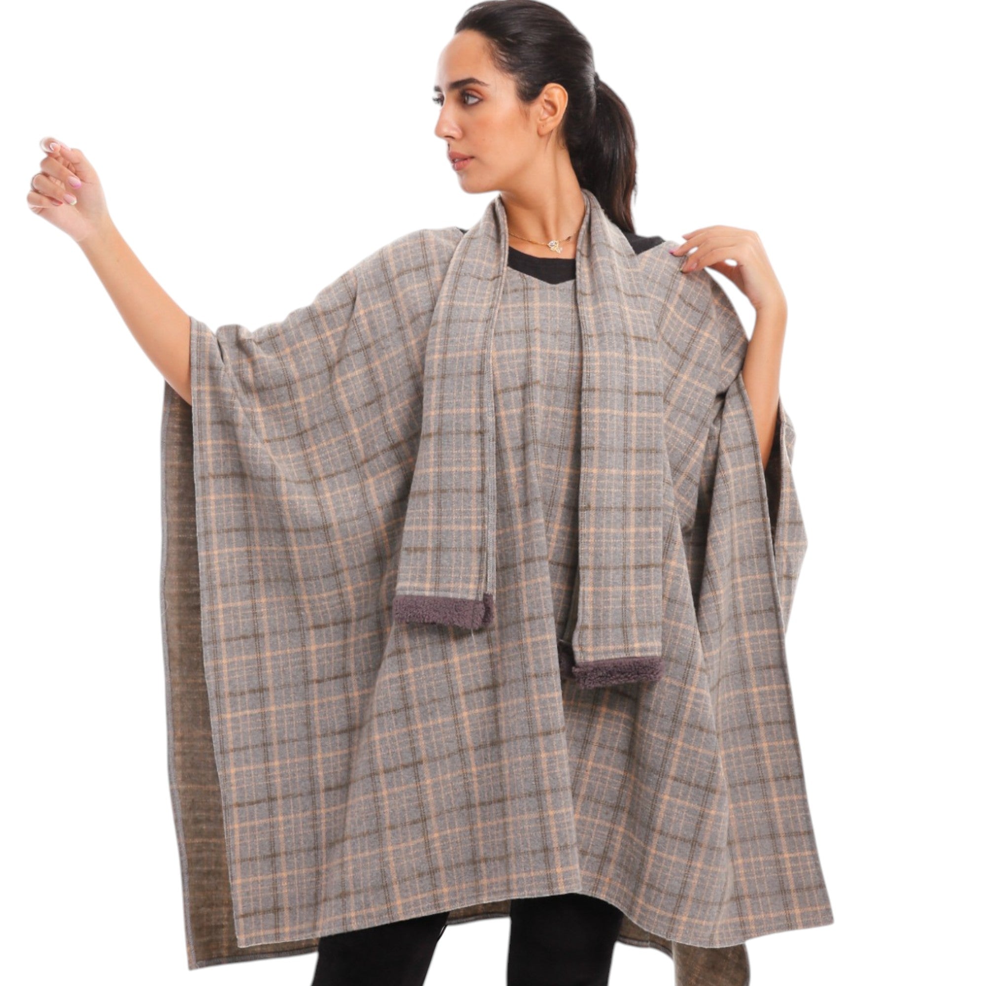 Plaid Tie-Front Shawl