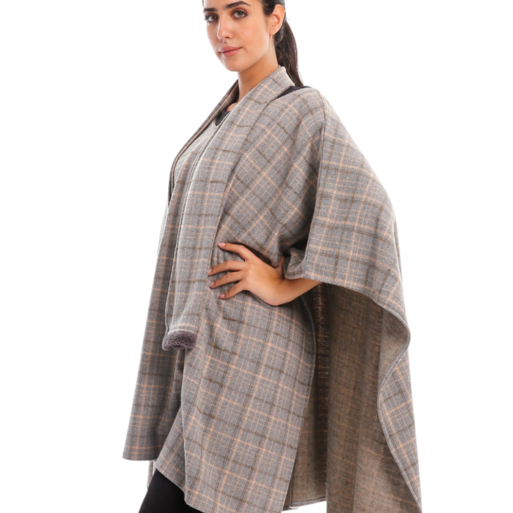 Plaid Tie-Front Shawl