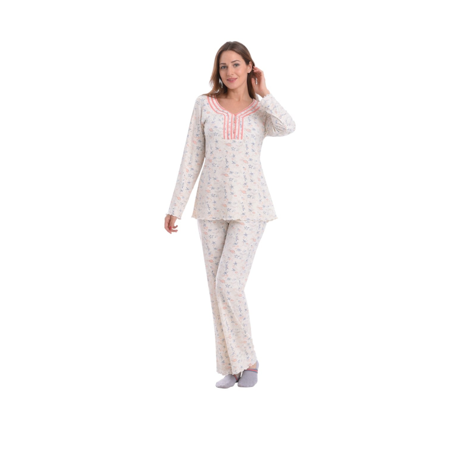 Women's Cotton Pajama Set with Soft Print & Traditional Design