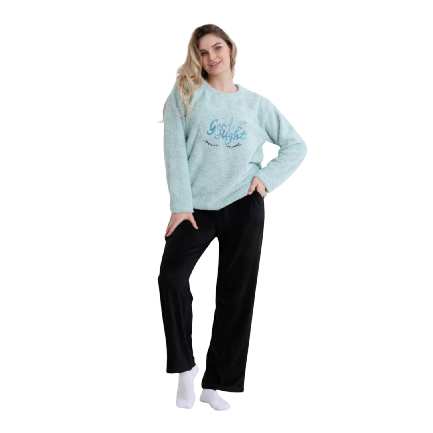 Soft Velvet Pajama Set – Cozy “Good Night” Embroidered Loungewear