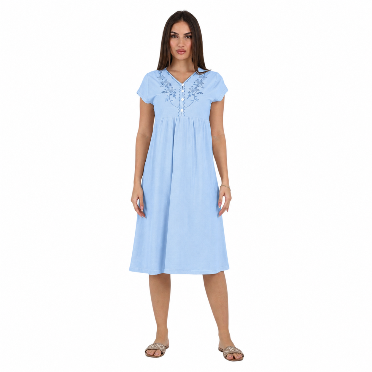 Floral Embroidered Buttoned Nightgown