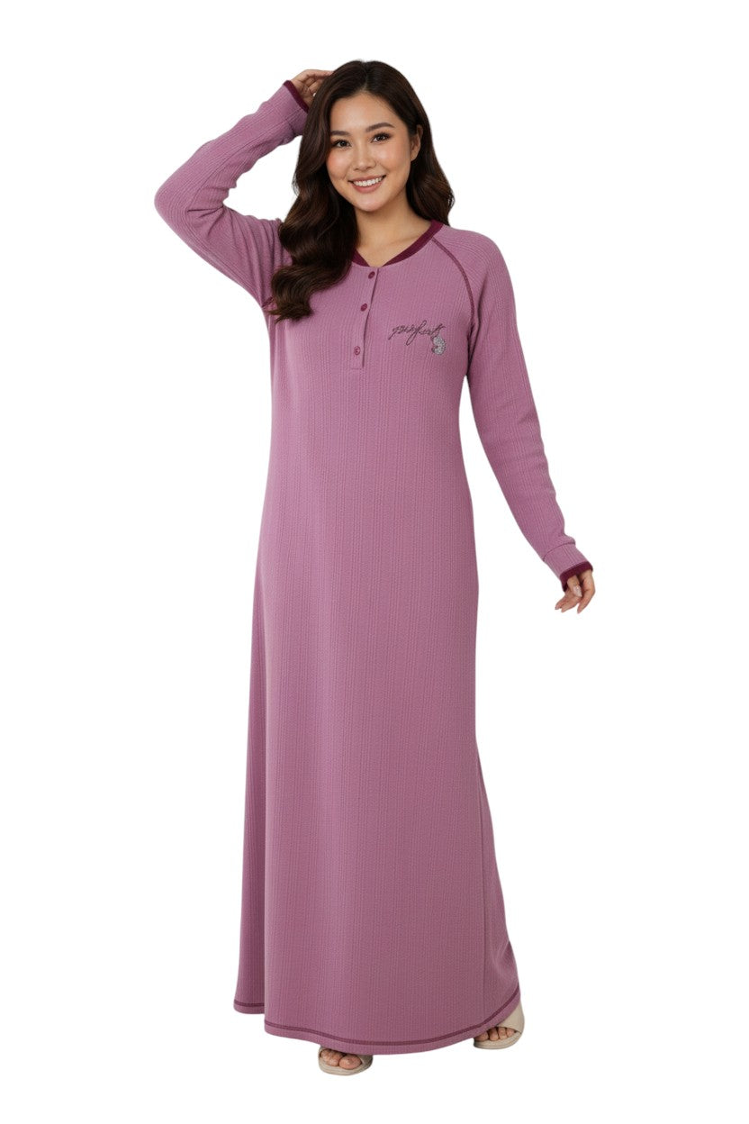 Women’s Long Sleeve Winter Abaya – Jacquard Textured Cotton – Warm Home Wear – Maxi Length Galabeya