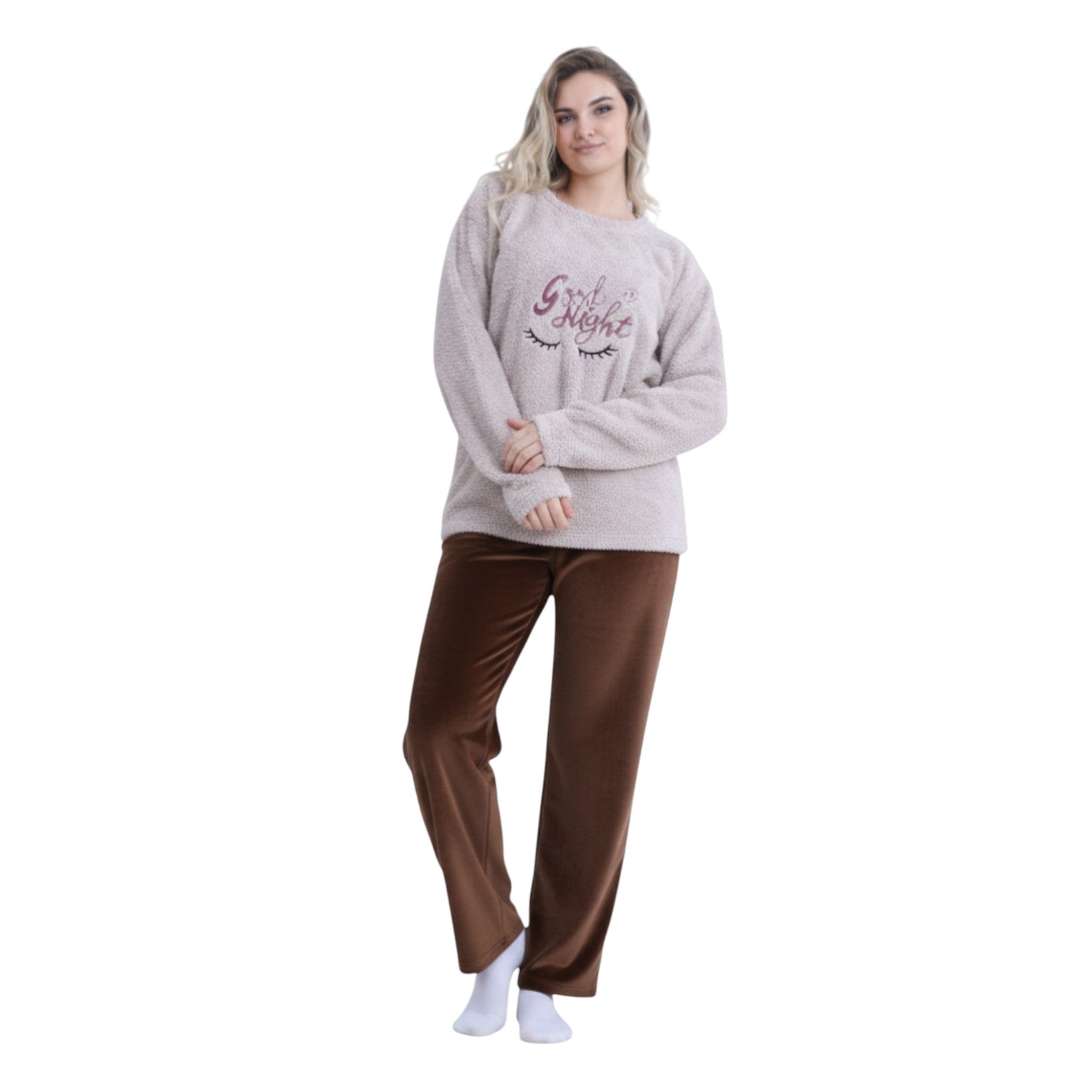 Soft Velvet Pajama Set – Cozy “Good Night” Embroidered Loungewear