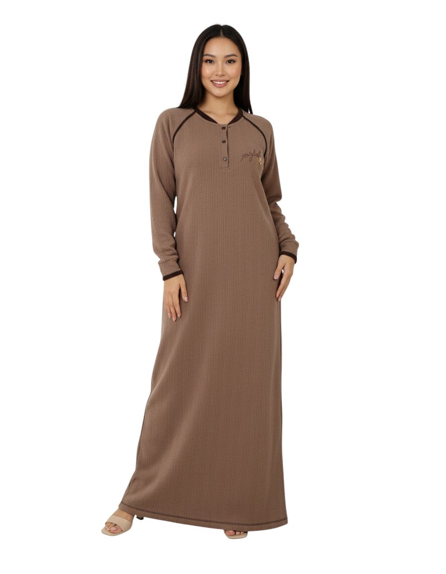 Women’s Long Sleeve Winter Abaya – Jacquard Textured Cotton – Warm Home Wear – Maxi Length Galabeya