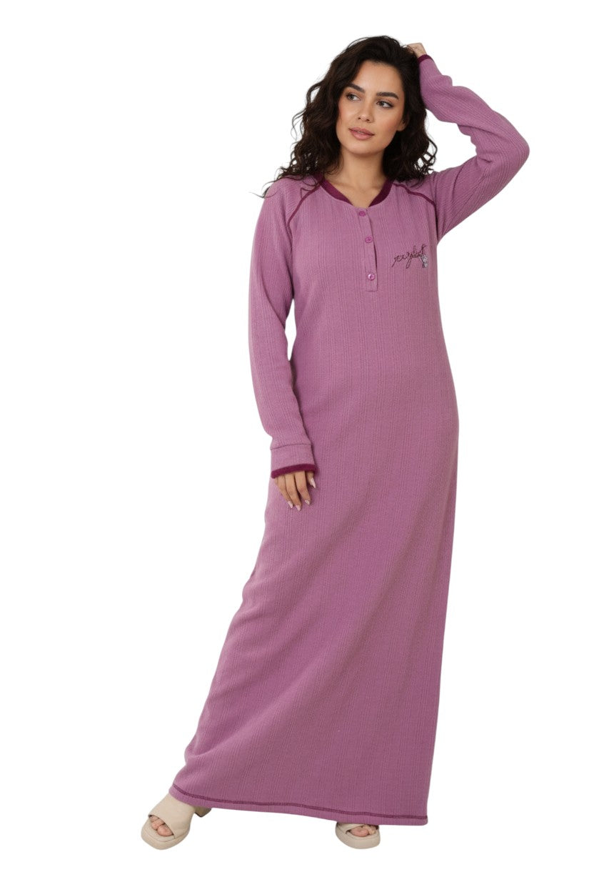 Women’s Long Sleeve Winter Abaya – Jacquard Textured Cotton – Warm Home Wear – Maxi Length Galabeya