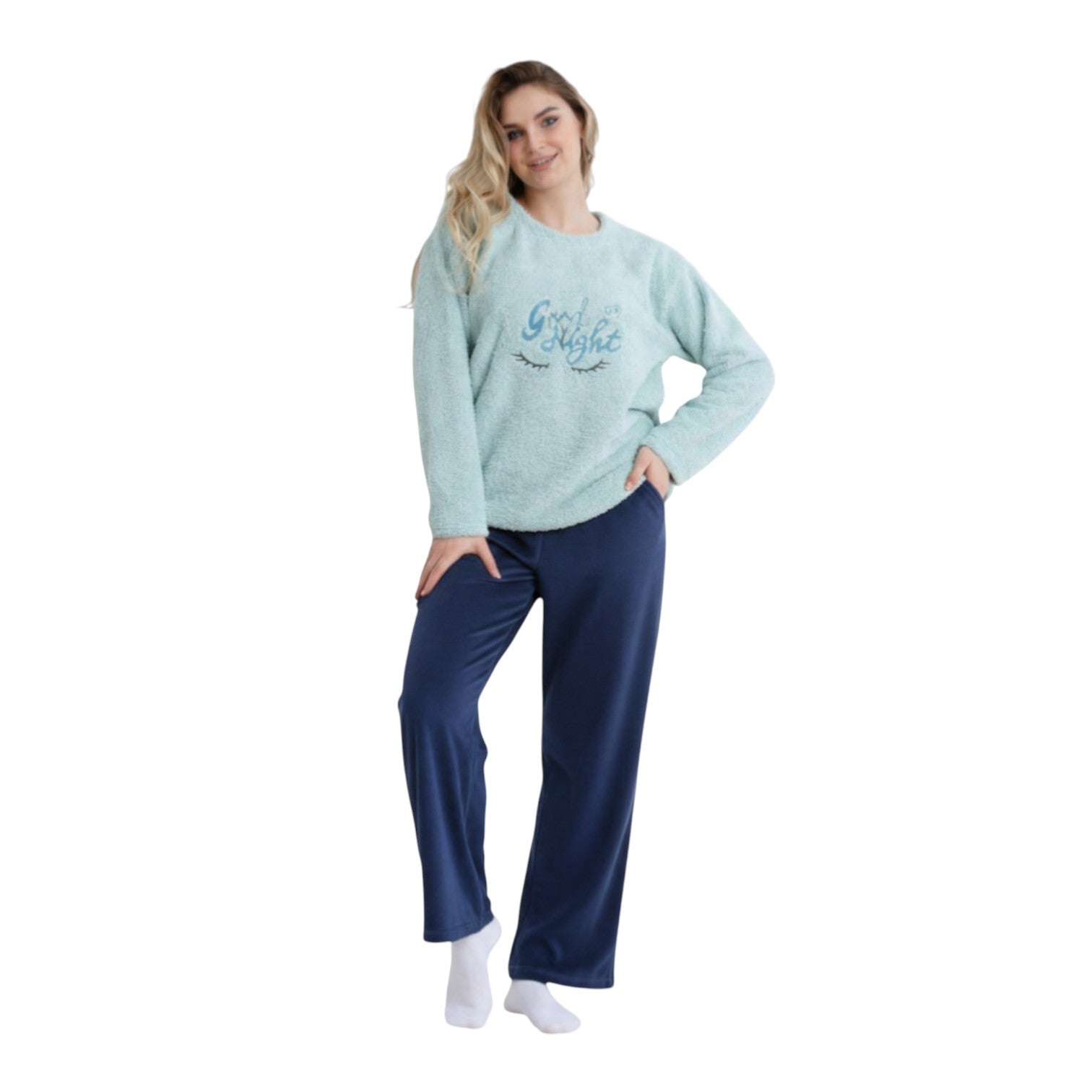 Soft Velvet Pajama Set – Cozy “Good Night” Embroidered Loungewear