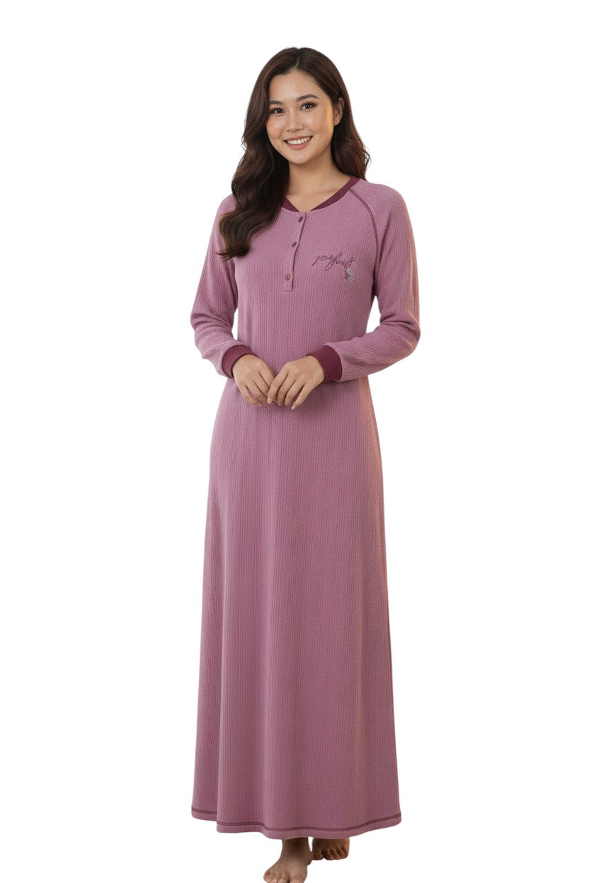 Women’s Long Sleeve Winter Abaya – Jacquard Textured Cotton – Warm Home Wear – Maxi Length Galabeya