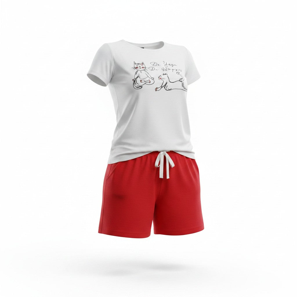 Cat Print T-Shirt Shorts Pajama