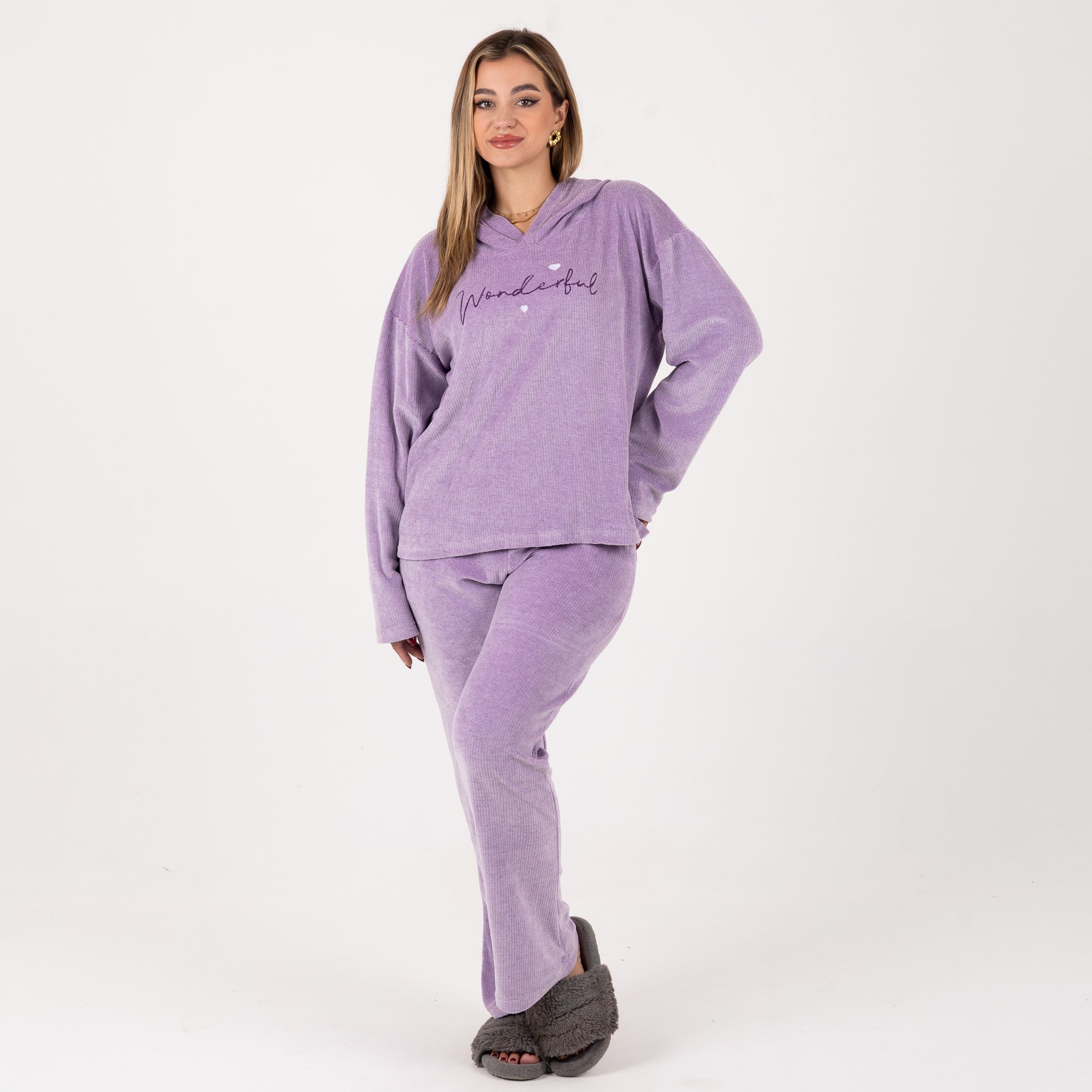 Soft Velvet Loungewear Set – Lilac “Wonderful” Hoodie & Pants