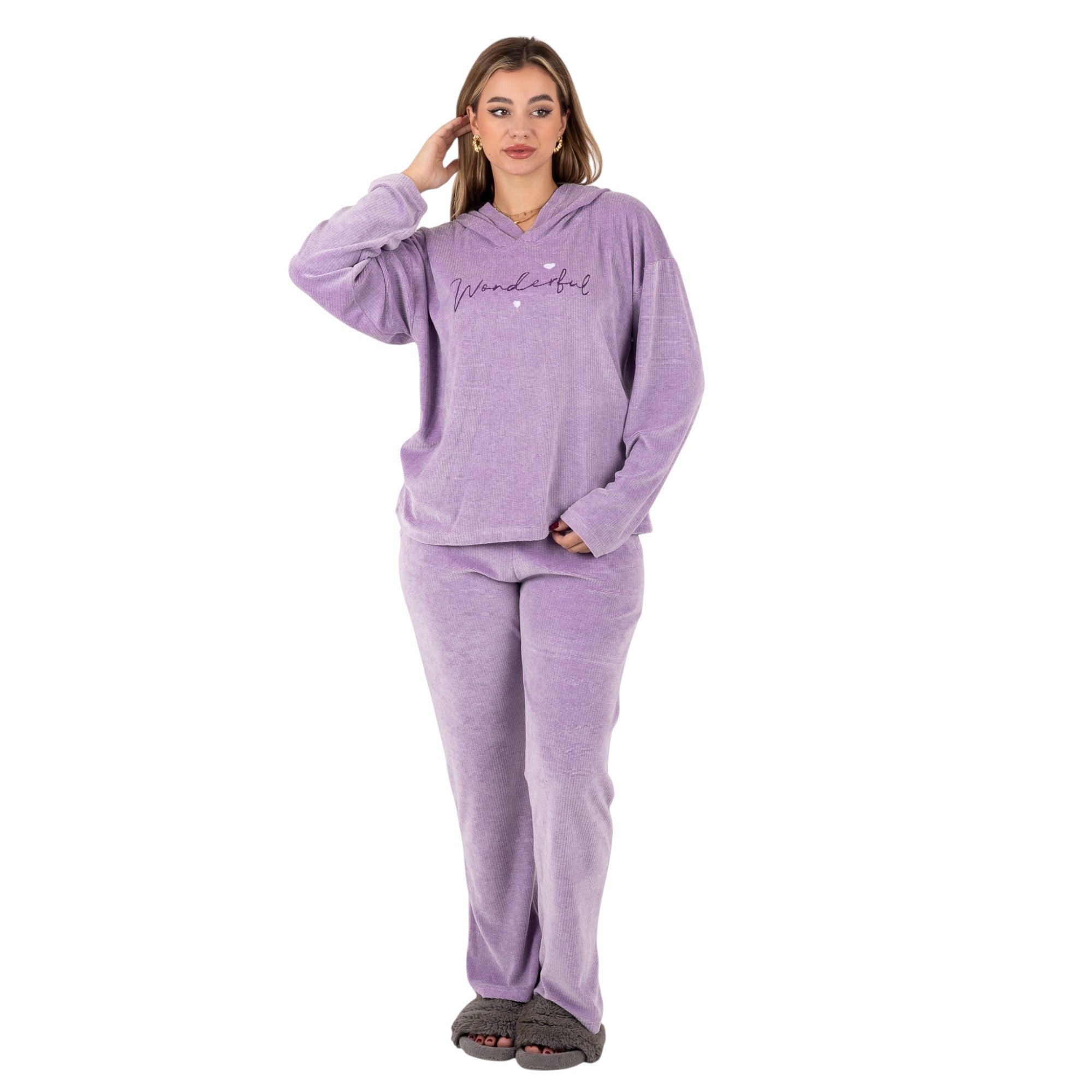 Soft Velvet Loungewear Set – Lilac “Wonderful” Hoodie & Pants
