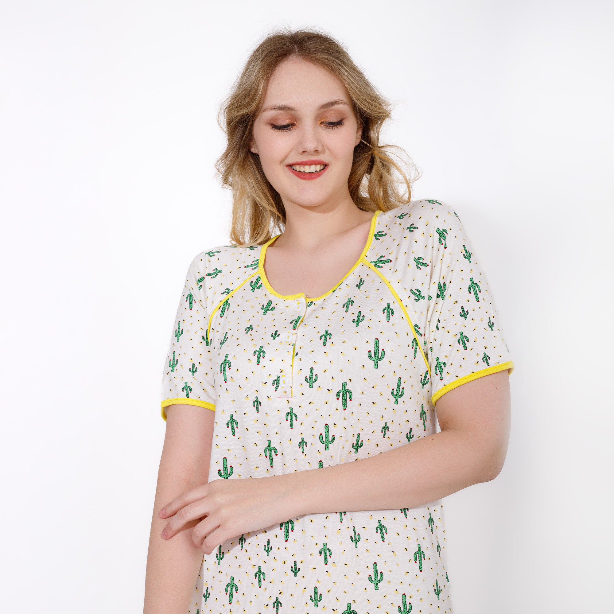 Elegant Cotton Printed Nightdress – Short Sleeve, Full Length