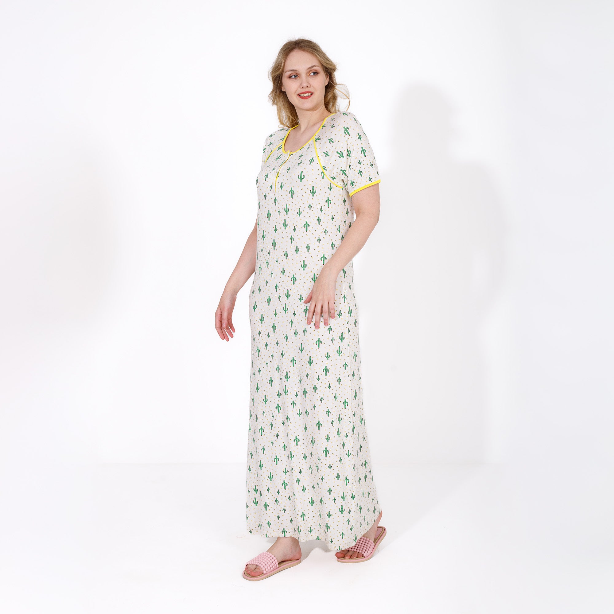 Elegant Cotton Printed Nightdress – Short Sleeve, Full Length