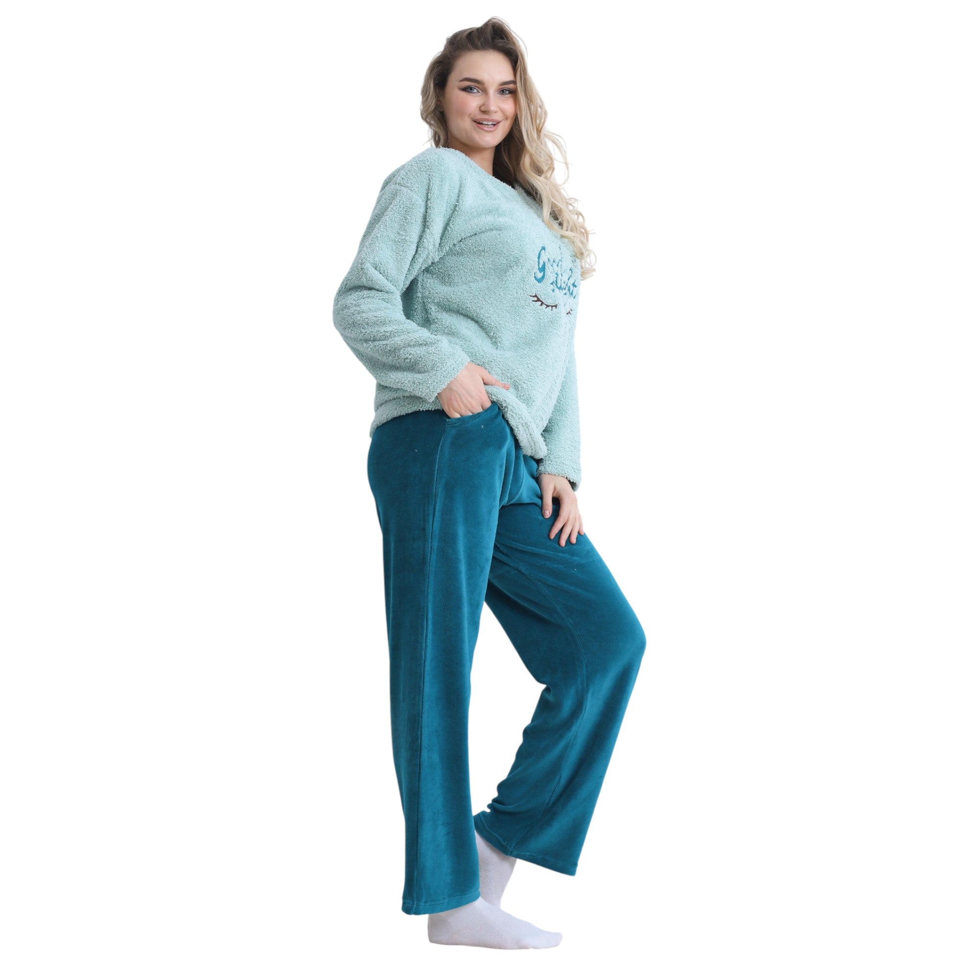 Soft Velvet Pajama Set – Cozy “Good Night” Embroidered Loungewear