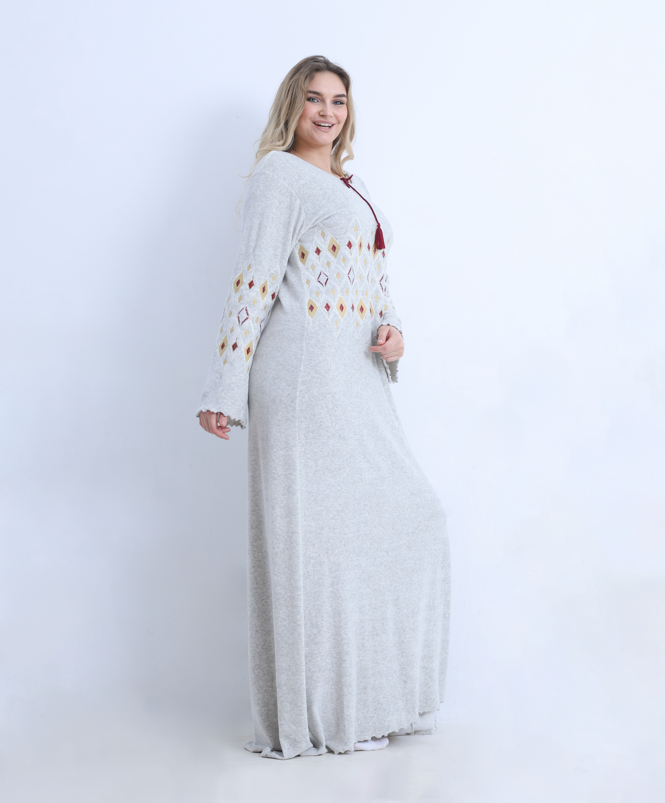 inter Velvet Nightgown Abaya – Soft Embroidered Night Dress with Flared Sleeves
