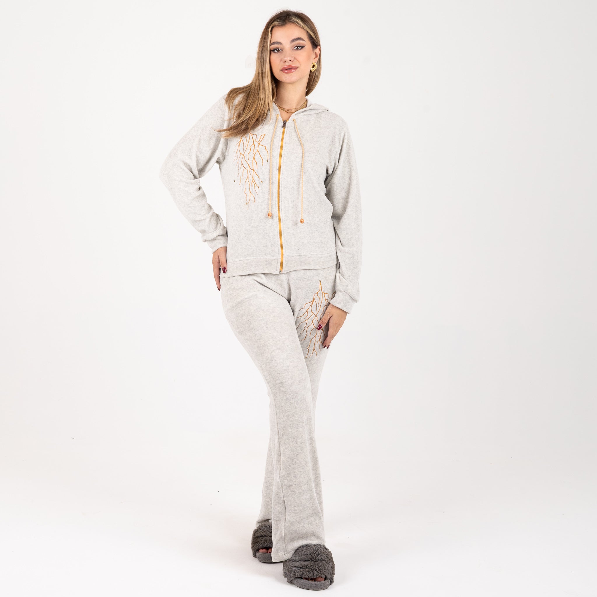 Soft Grey Velvet Winter Tracksuit with Gold Embroidery - 💫 Feel the warmth, shine in gold!