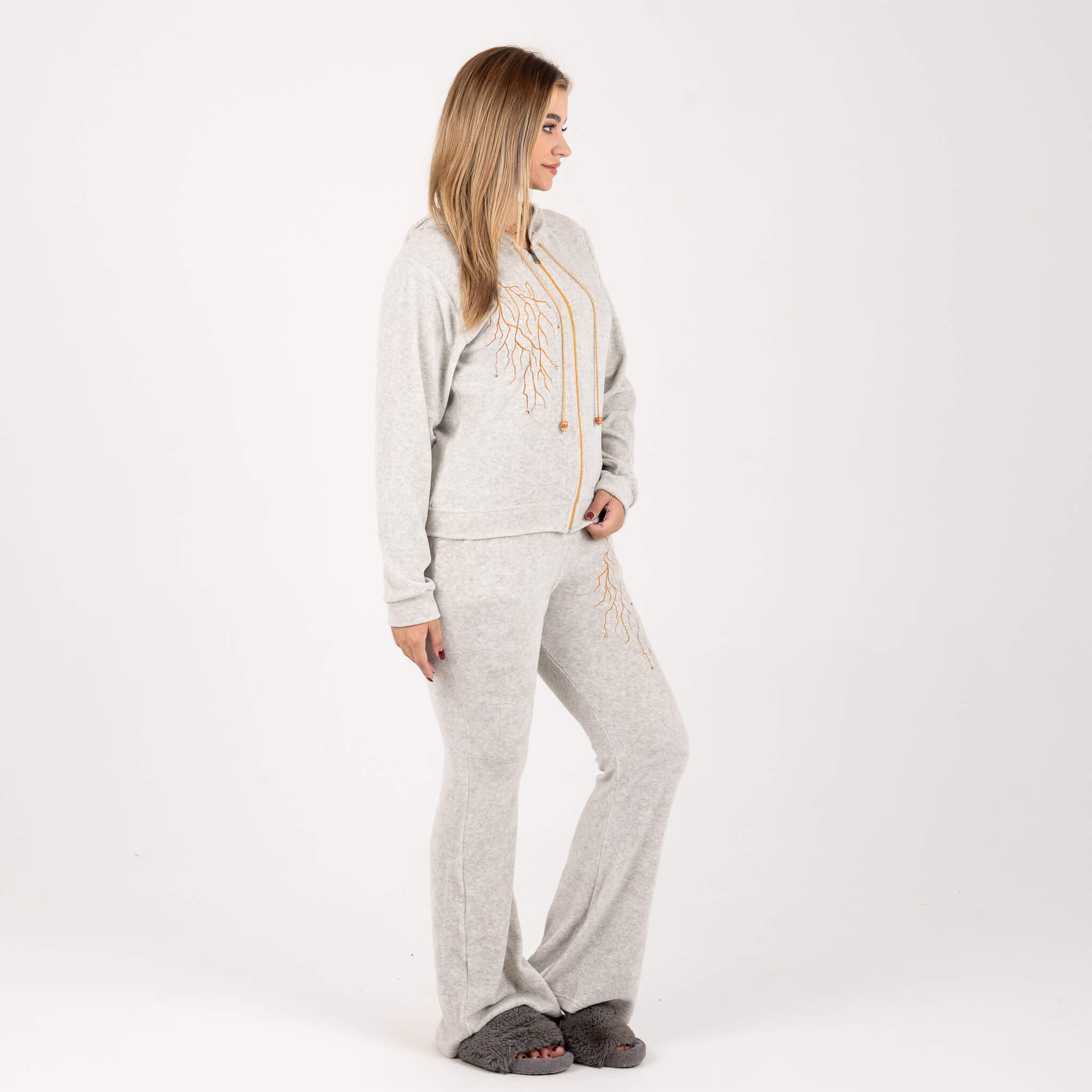 Soft Grey Velvet Winter Tracksuit with Gold Embroidery - 💫 Feel the warmth, shine in gold!