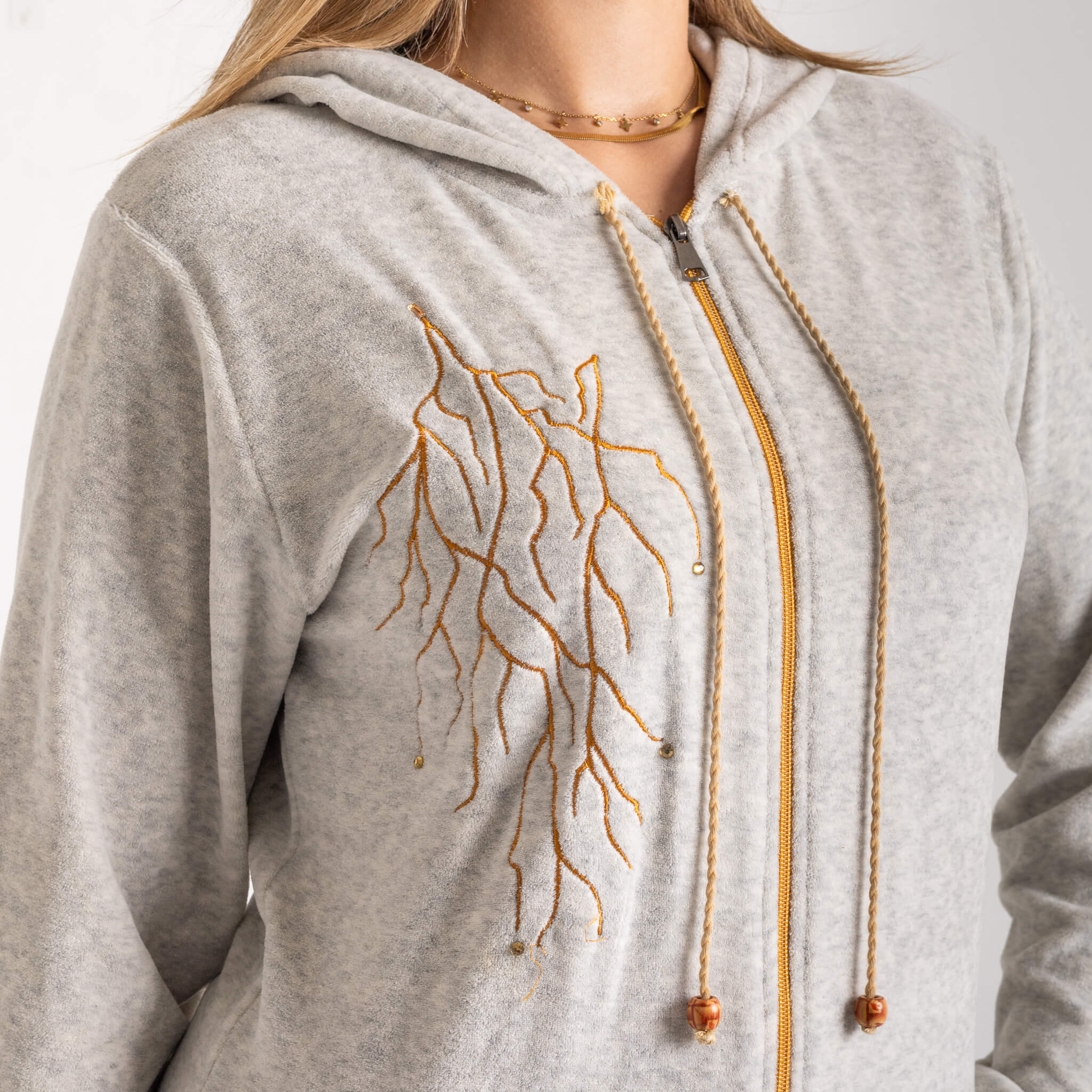 Soft Grey Velvet Winter Tracksuit with Gold Embroidery - 💫 Feel the warmth, shine in gold!