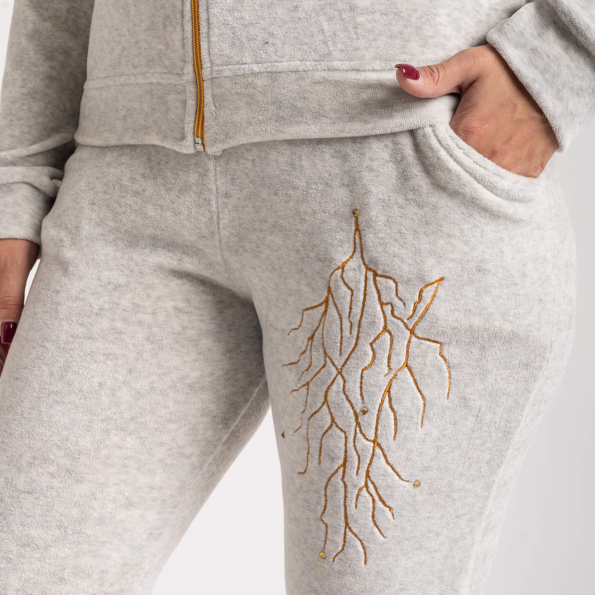 Soft Grey Velvet Winter Tracksuit with Gold Embroidery - 💫 Feel the warmth, shine in gold!
