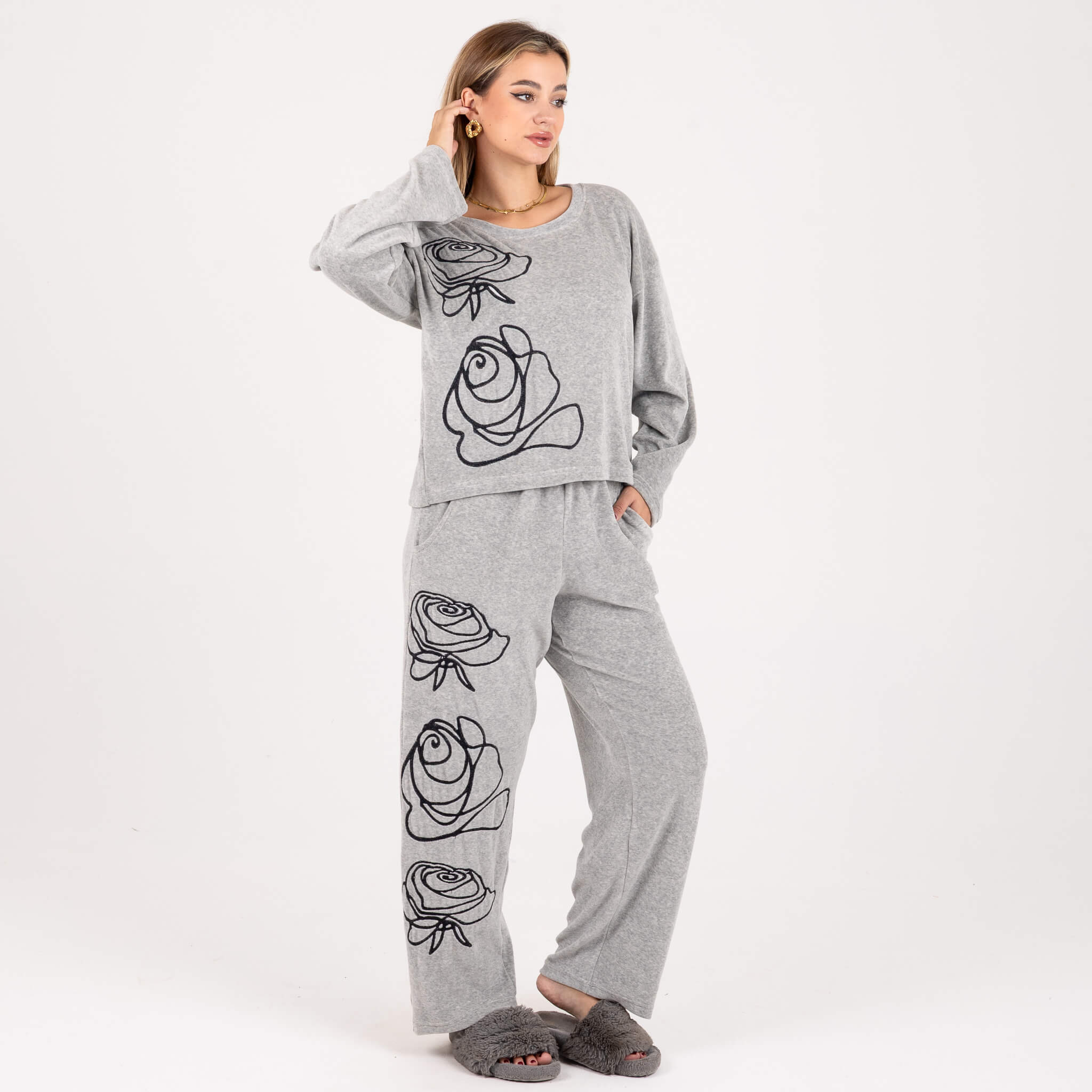 Casual Embroidered Long Pajama Set