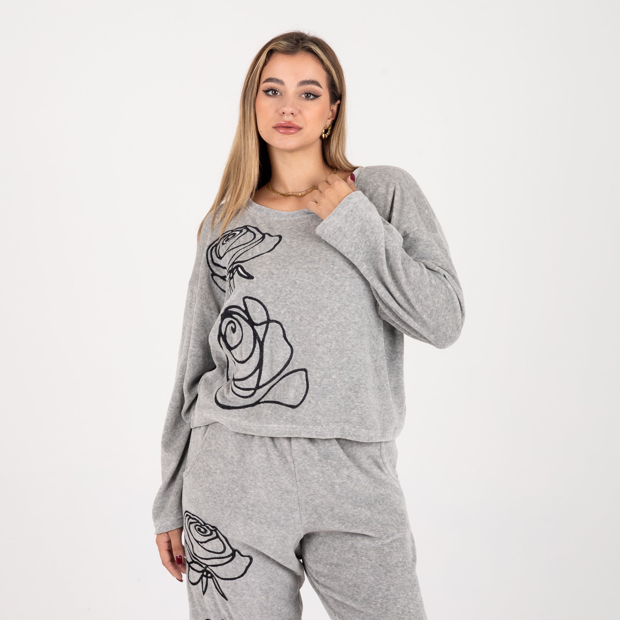 Casual Embroidered Long Pajama Set