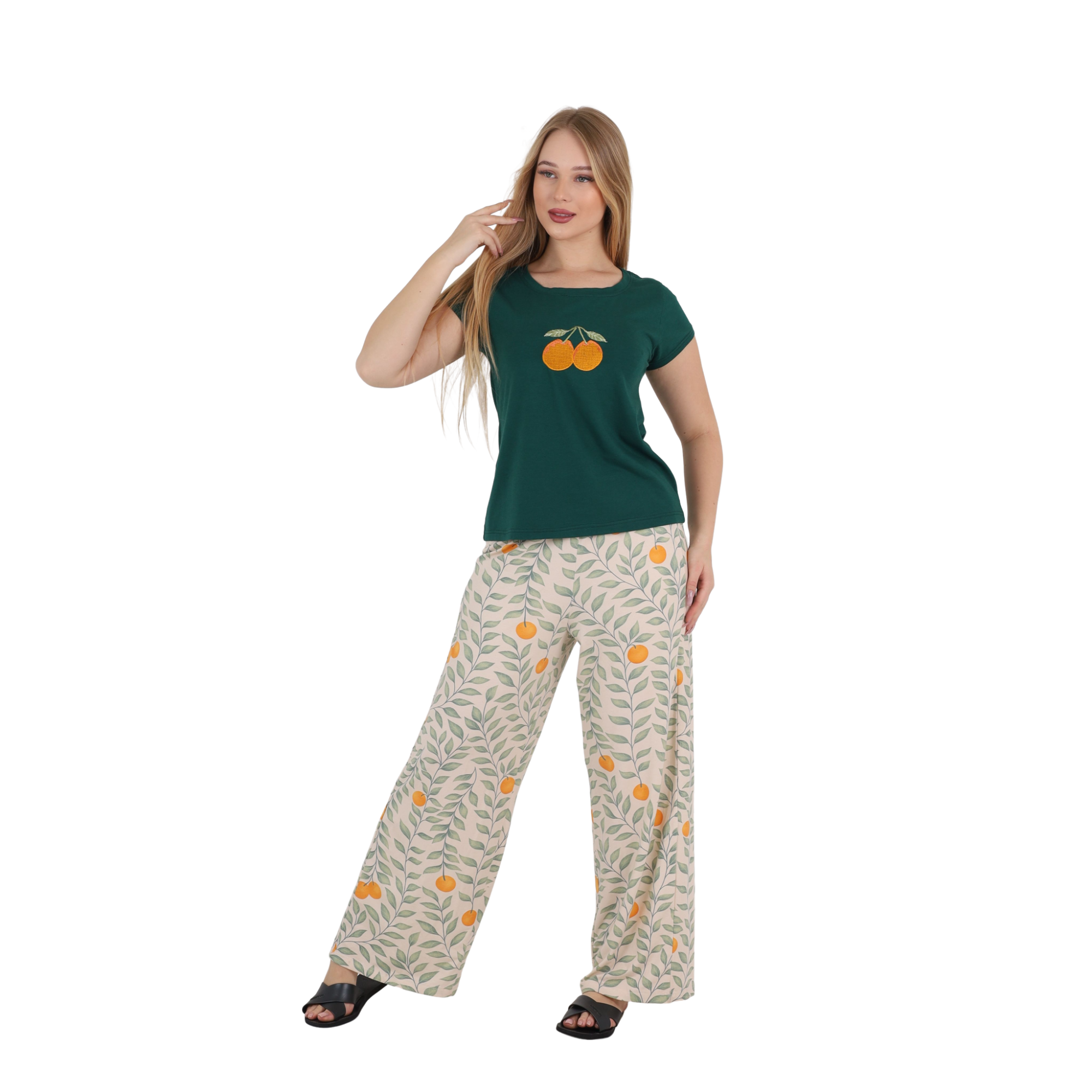 Orange Embroidered Wide-Leg Pajama Set