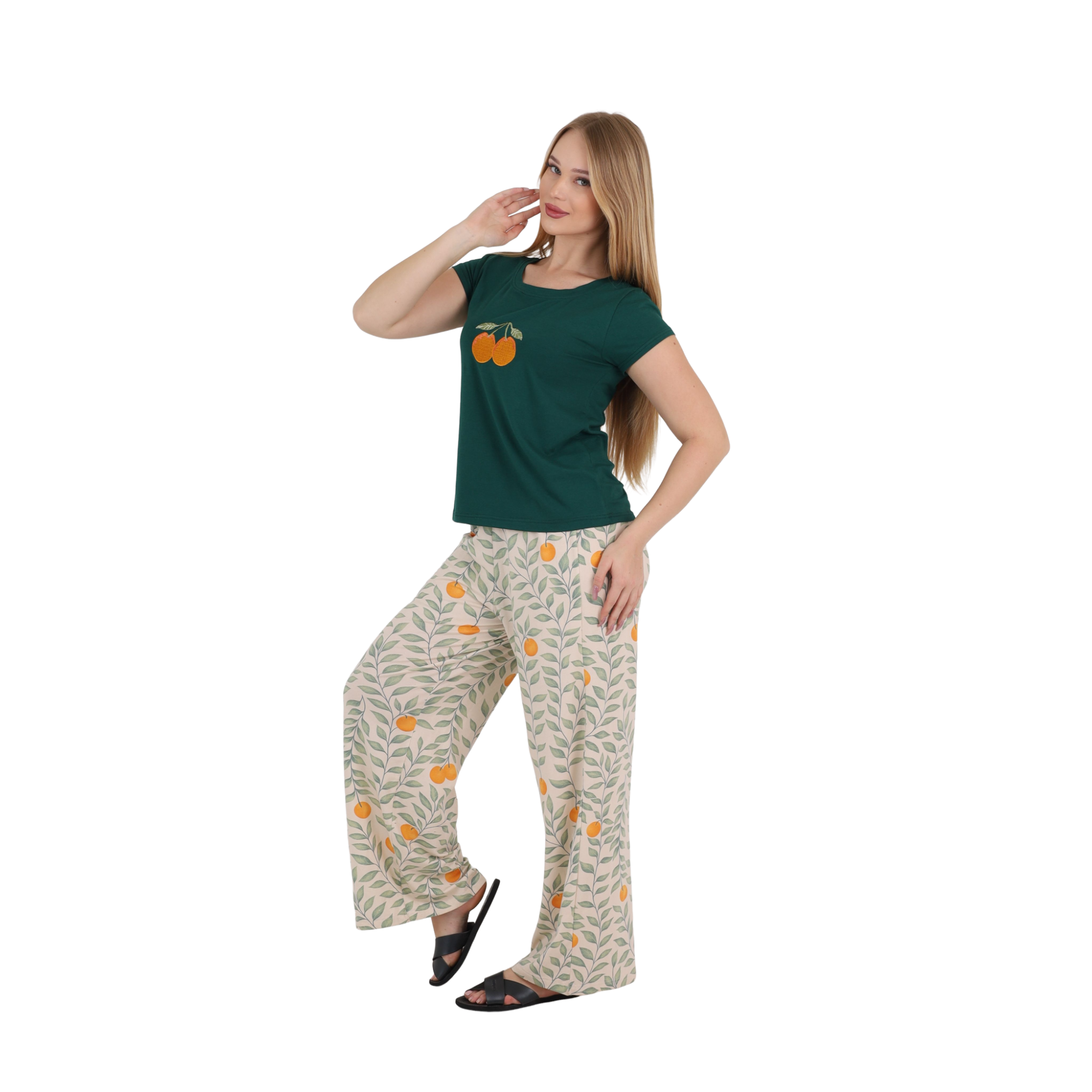 Orange Embroidered Wide-Leg Pajama Set