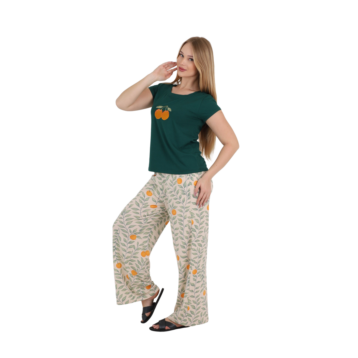 Orange Embroidered Wide-Leg Pajama Set