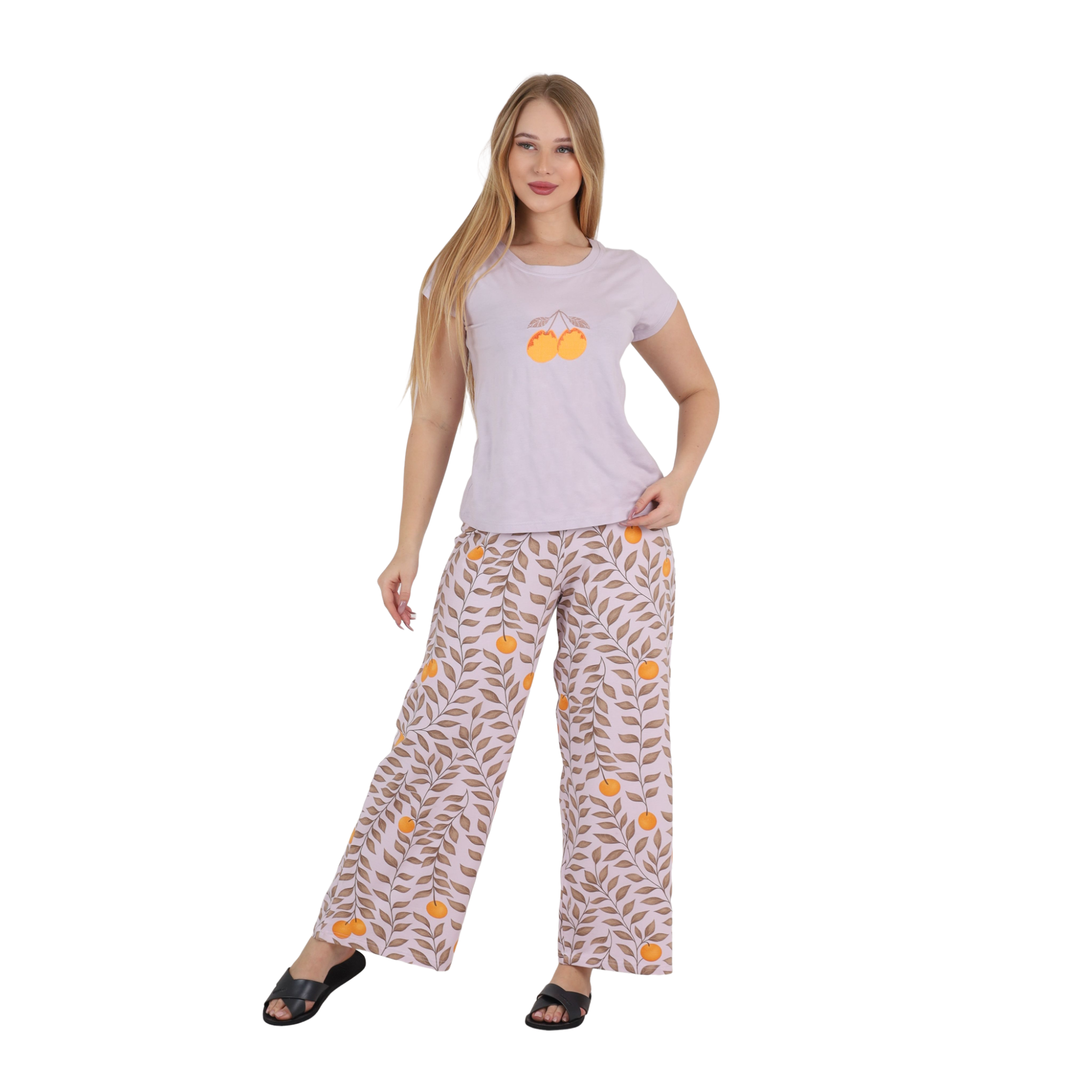 Orange Embroidered Wide-Leg Pajama Set