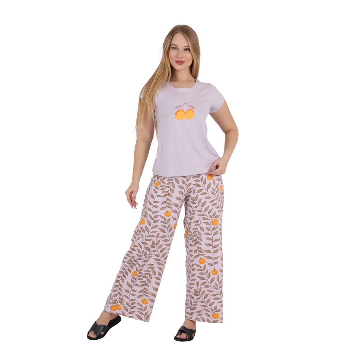 Orange Embroidered Wide-Leg Pajama Set