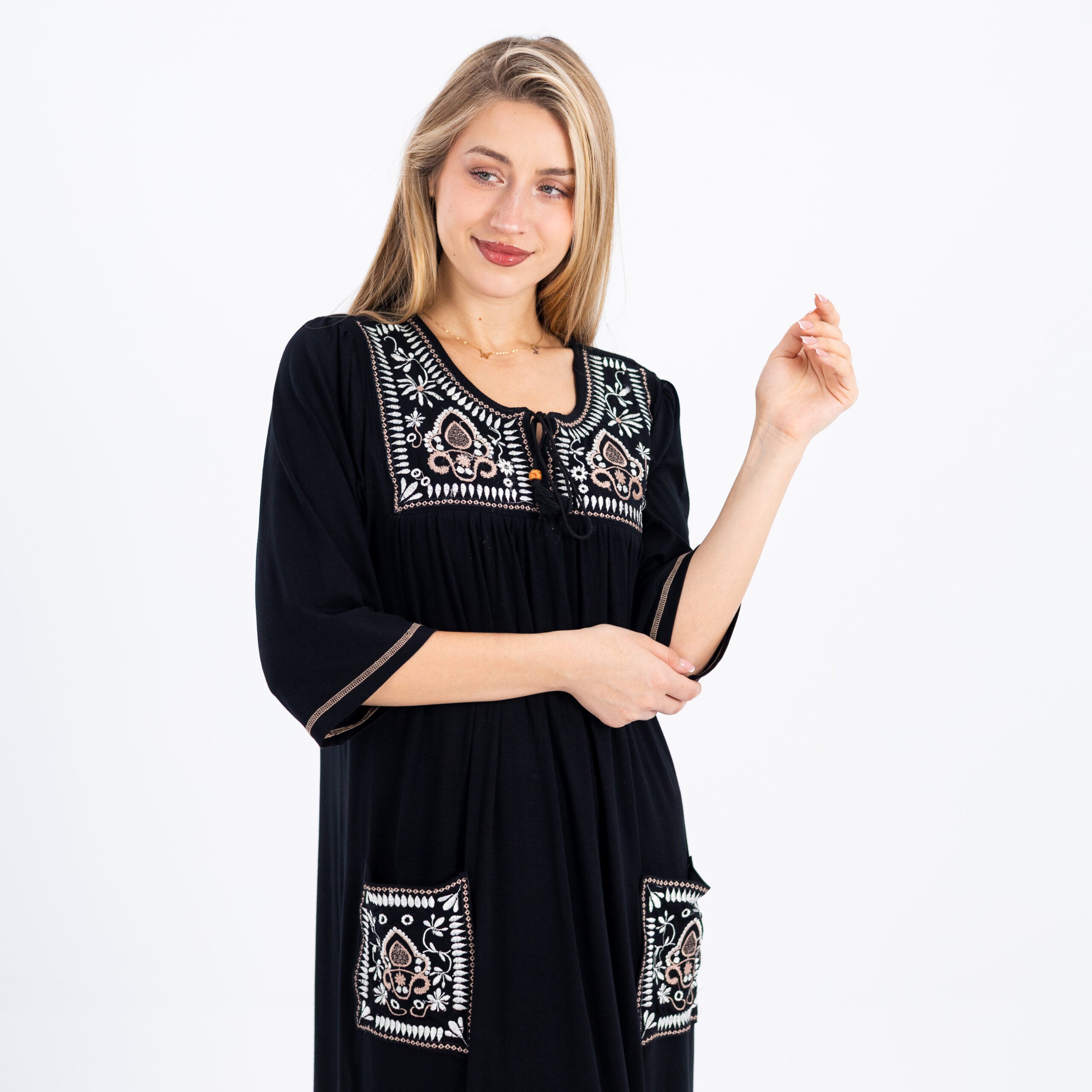 Embroidered Cotton Nightdress with 3/4 Sleeves – Soft, Stylish & Comfortable