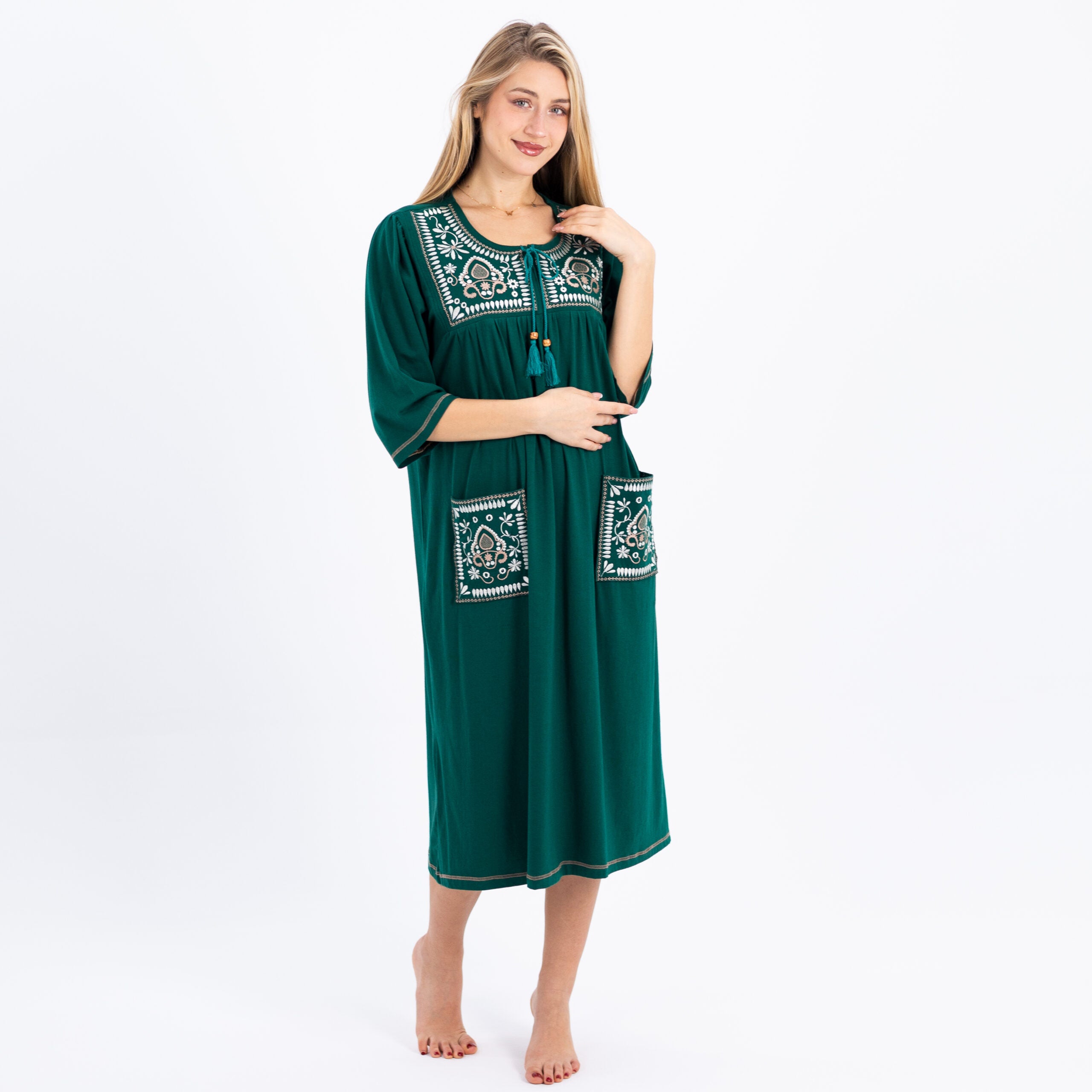 Embroidered Cotton Nightdress with 3/4 Sleeves – Soft, Stylish & Comfortable