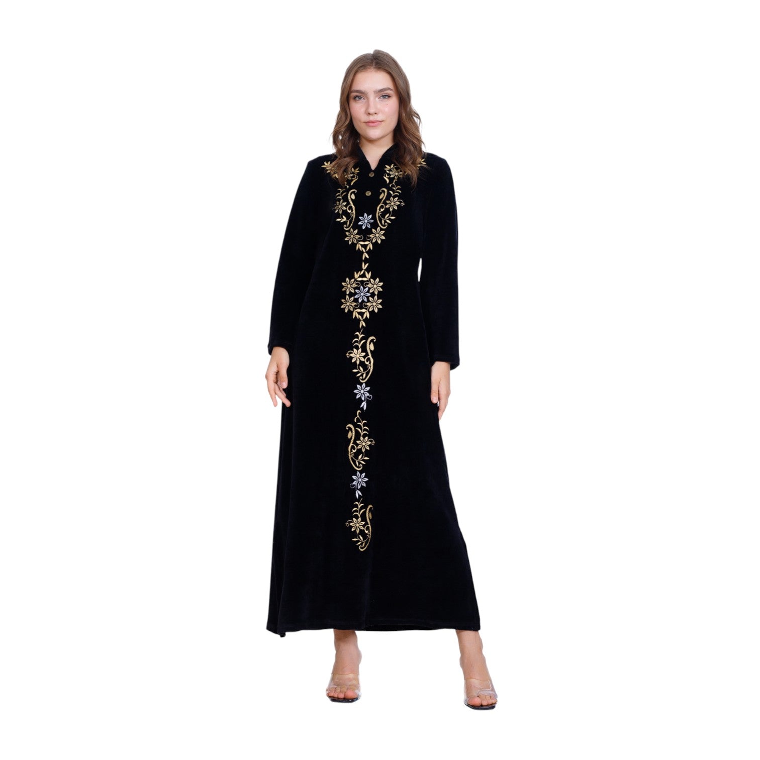 Emerald Velvet Maxi Dress with Embroidered Details