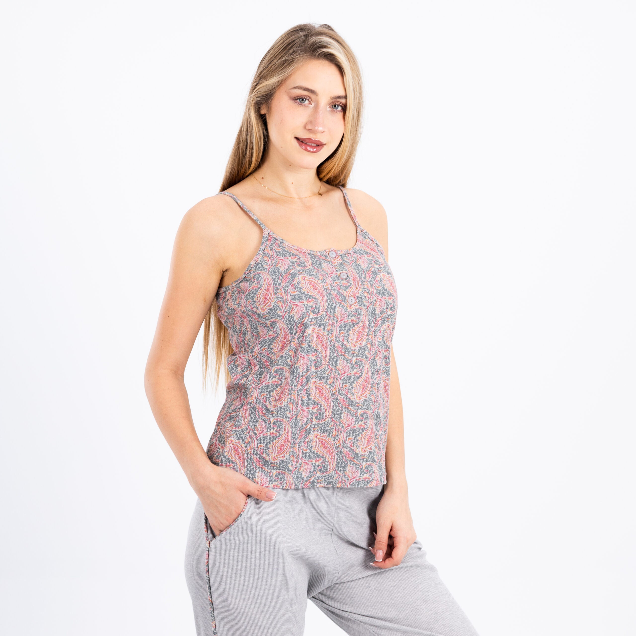 Soft Grey Paisley Cotton Pajama Set