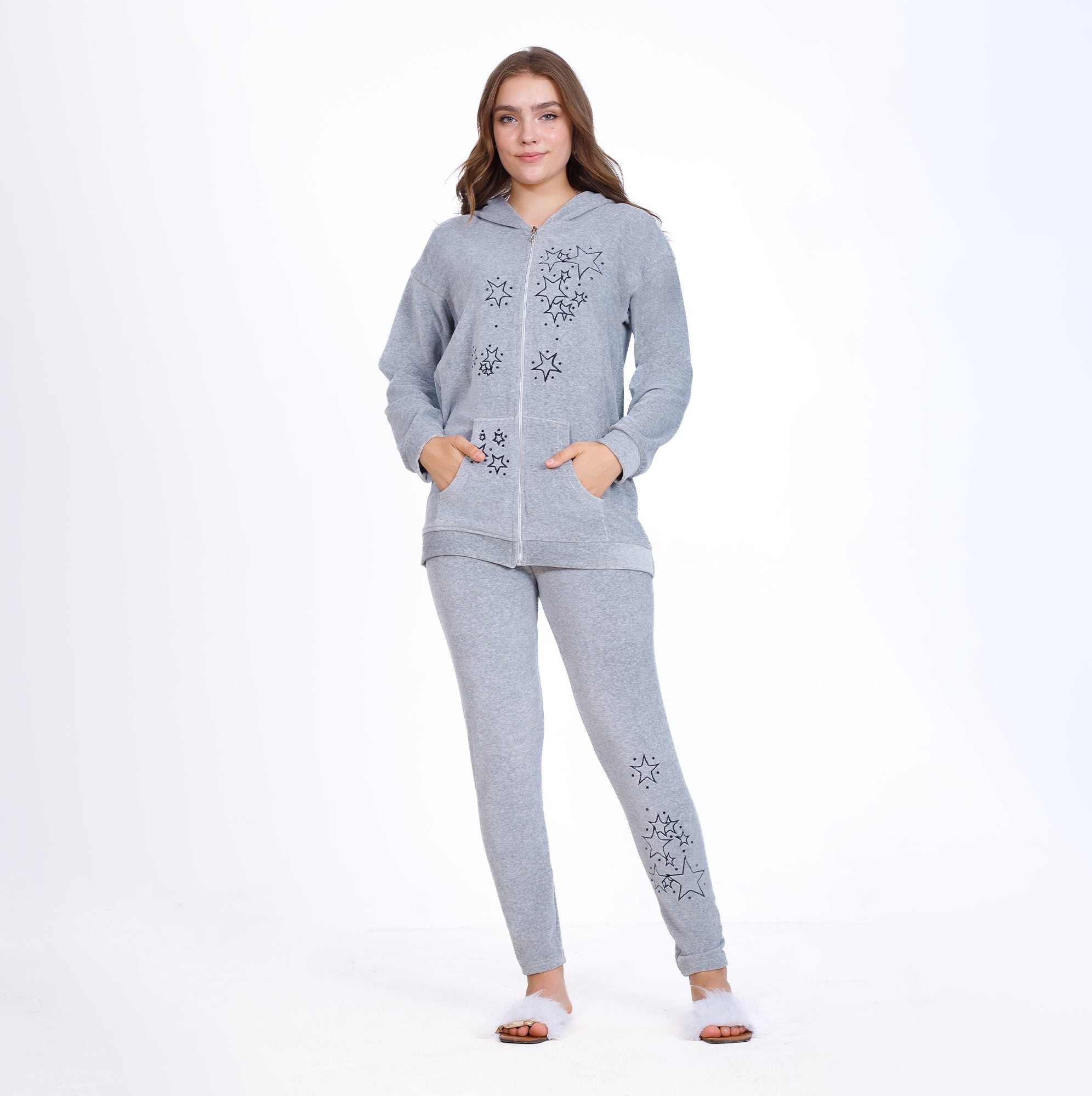 Winter Grey Cotton Pajama Set – Embroidered Jacket & Pants