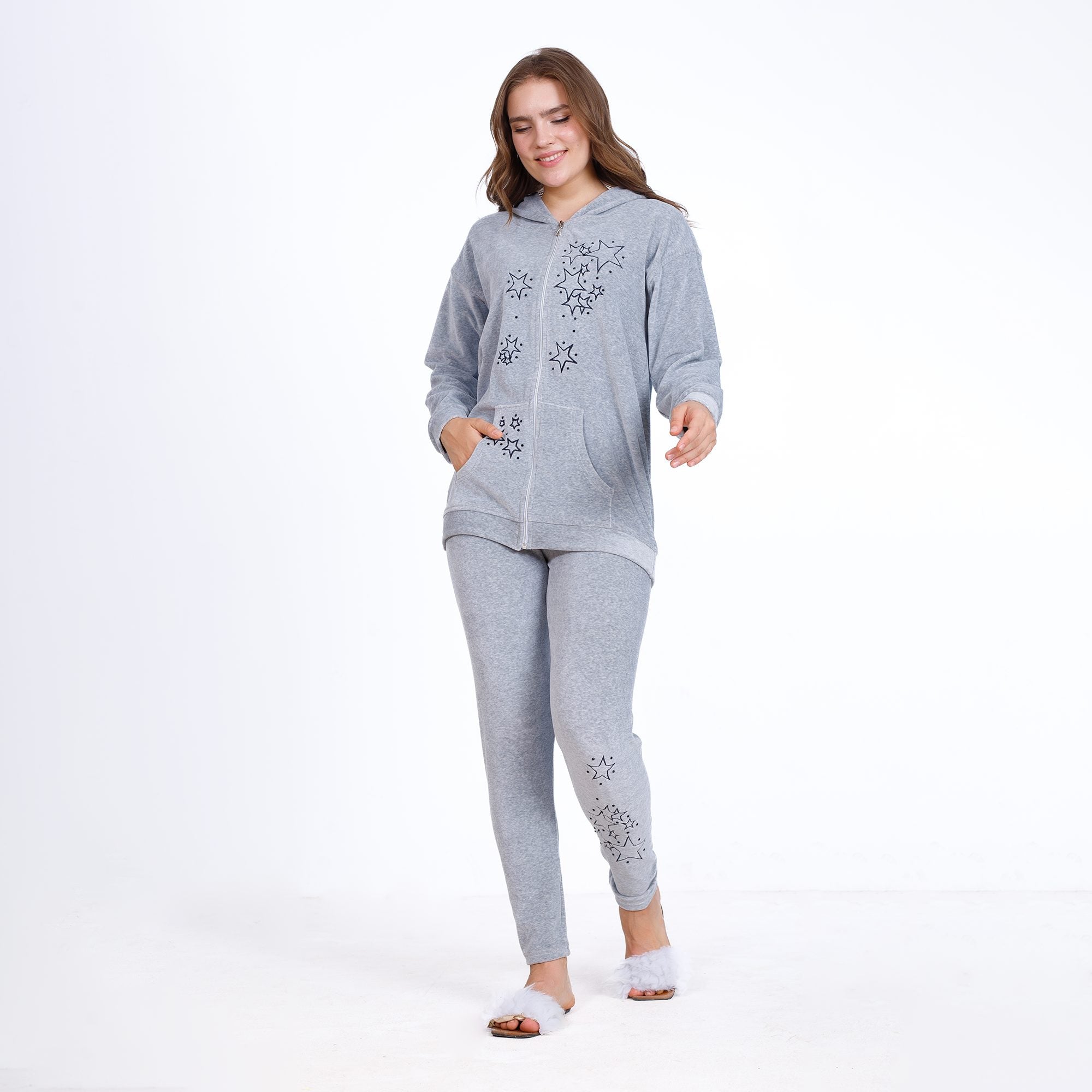 Winter Grey Cotton Pajama Set – Embroidered Jacket & Pants