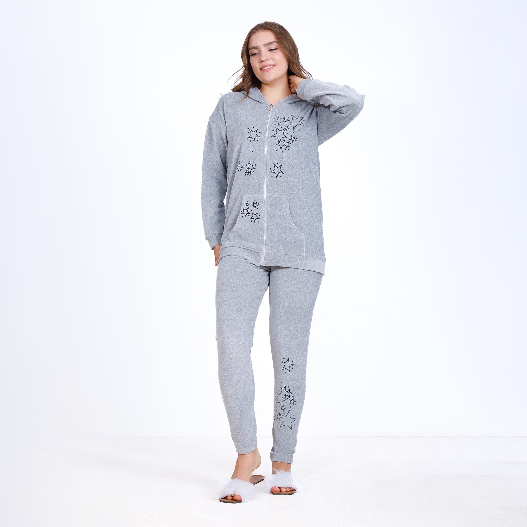 Winter Grey Cotton Pajama Set – Embroidered Jacket & Pants