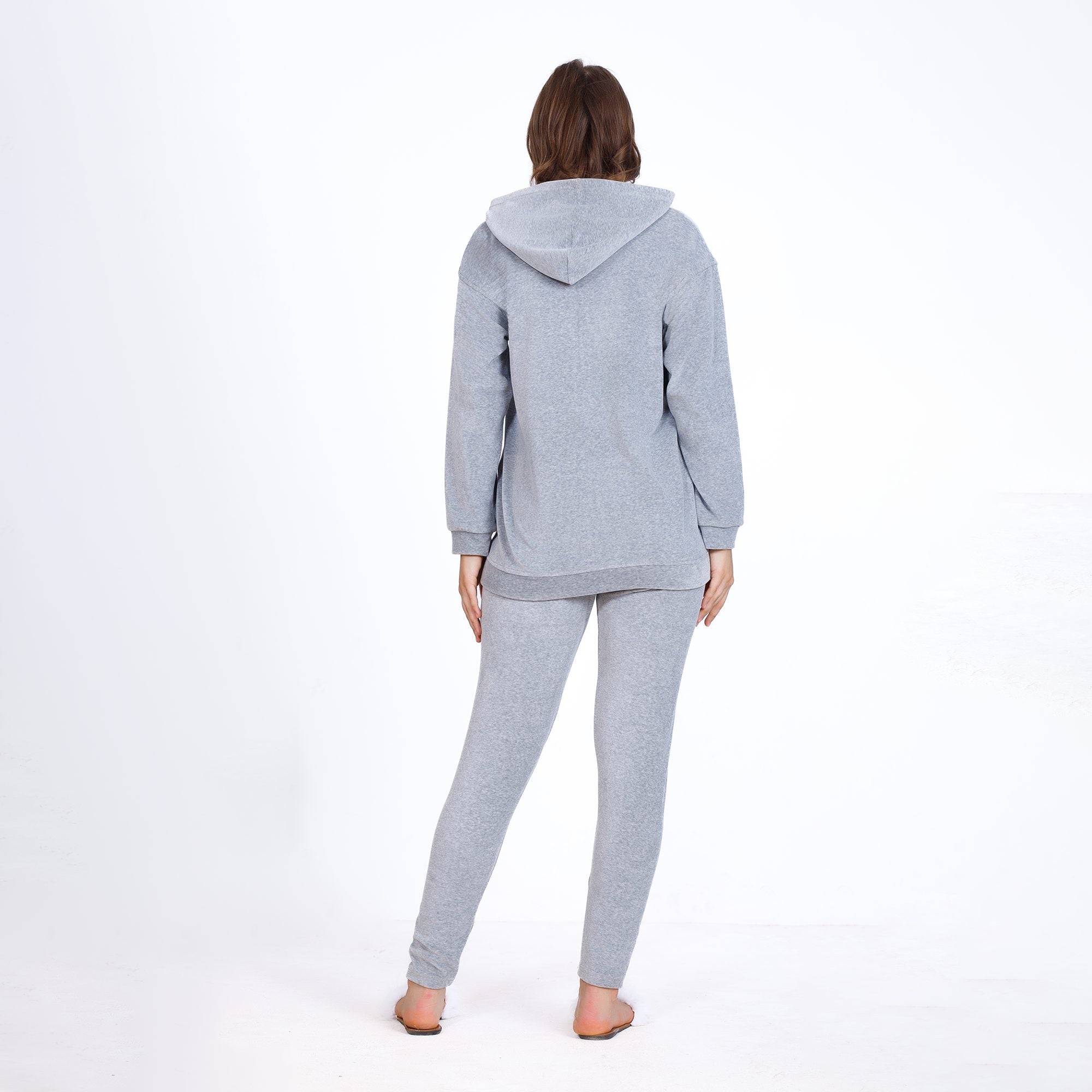 Winter Grey Cotton Pajama Set – Embroidered Jacket & Pants