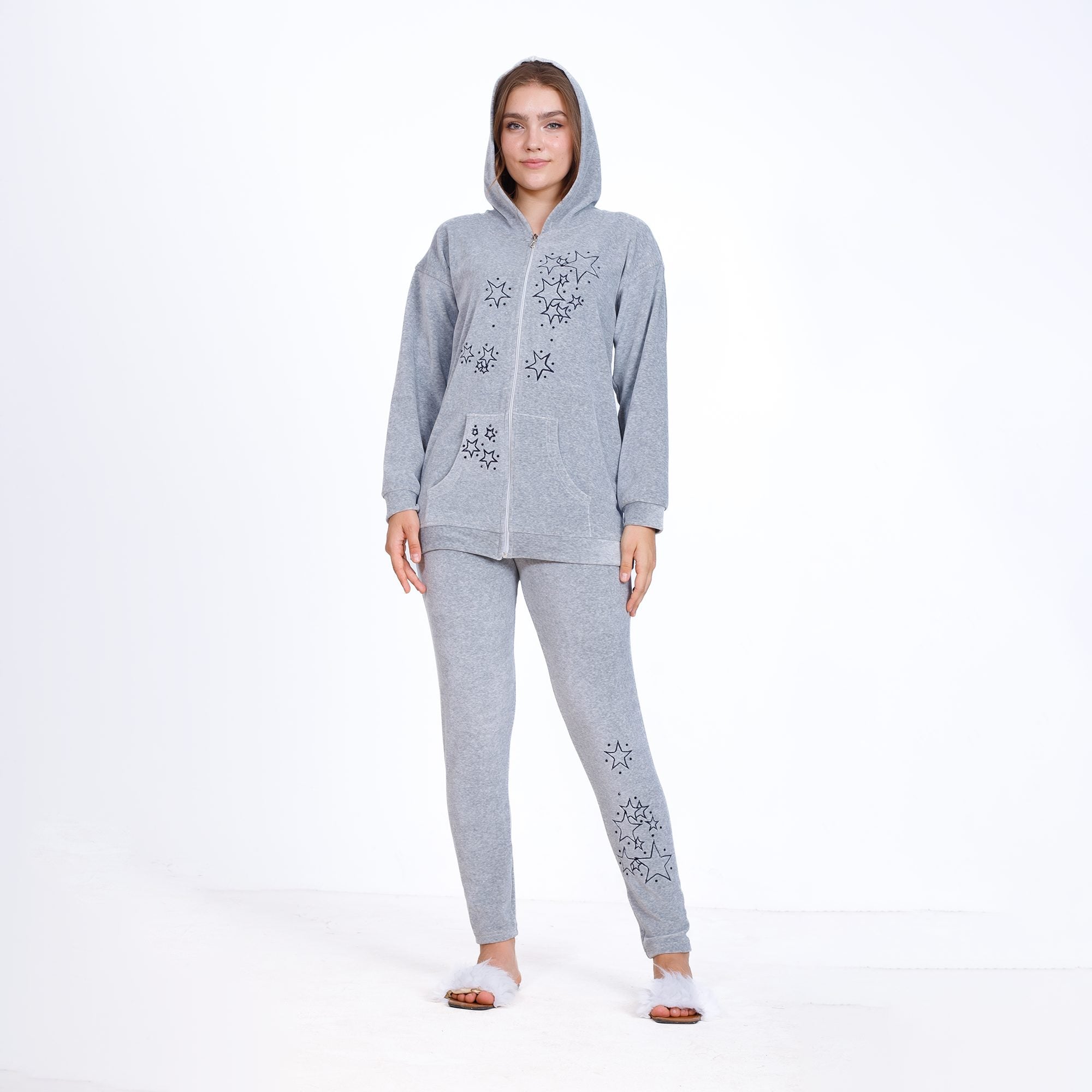 Winter Grey Cotton Pajama Set – Embroidered Jacket & Pants