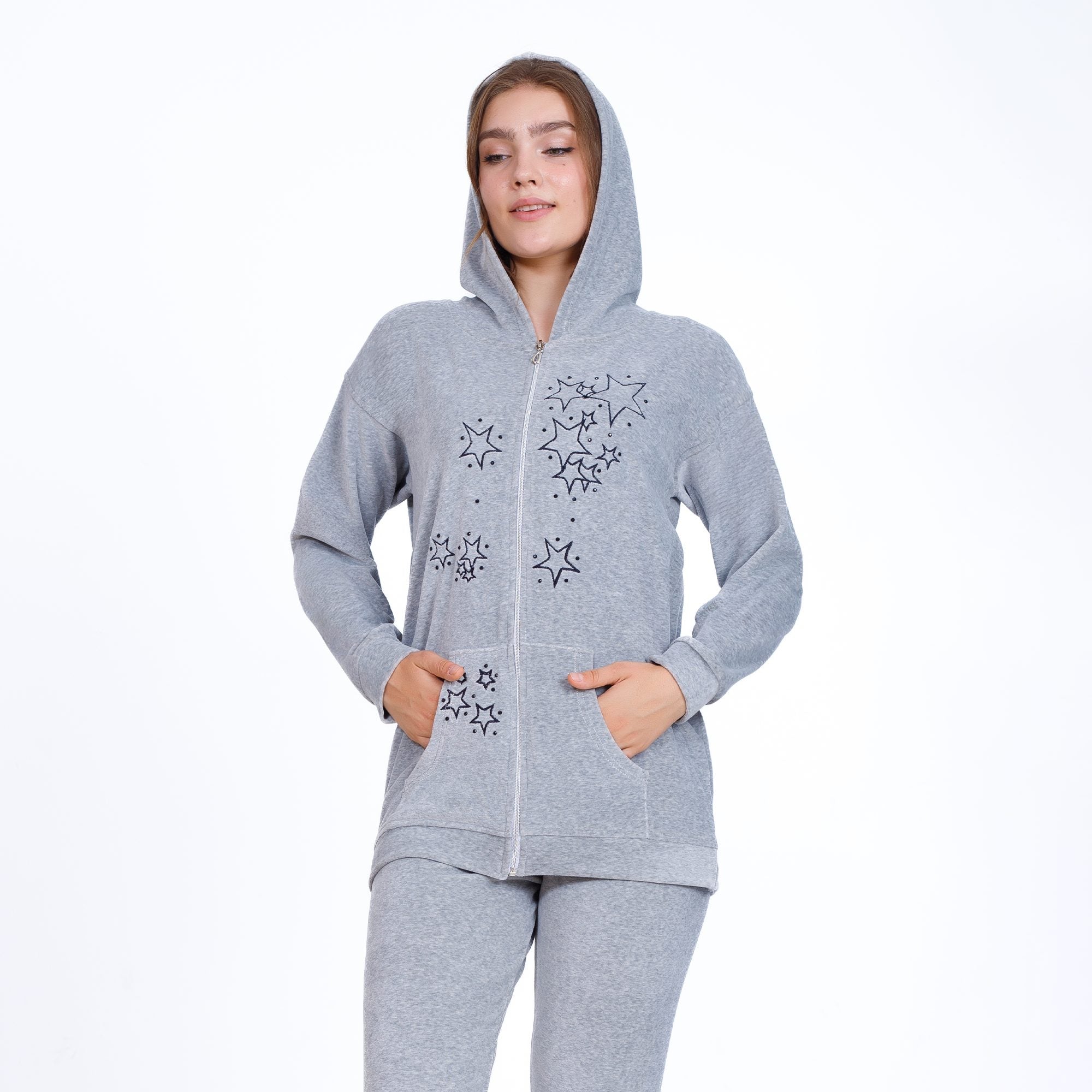 Winter Grey Cotton Pajama Set – Embroidered Jacket & Pants