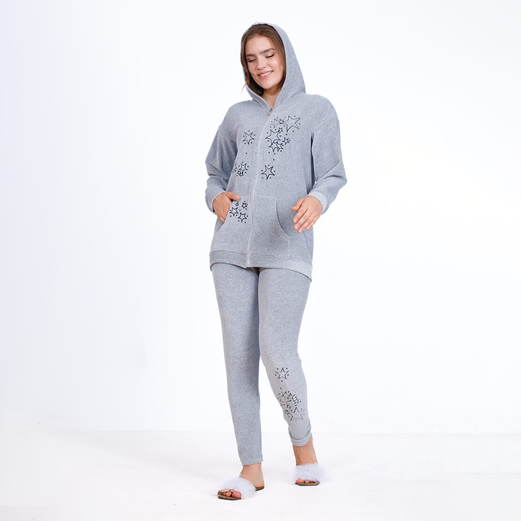 Winter Grey Cotton Pajama Set – Embroidered Jacket & Pants