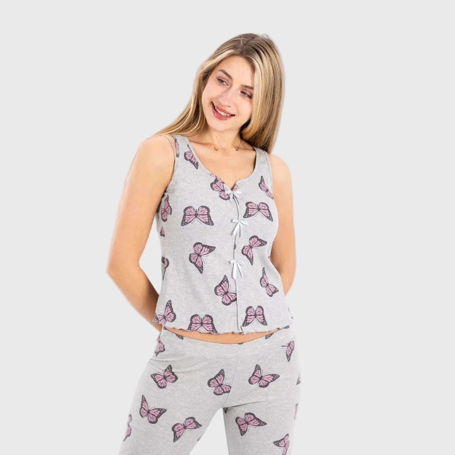 Women’s Butterfly Print Pajama Set – Sleeveless Top & Long Pants