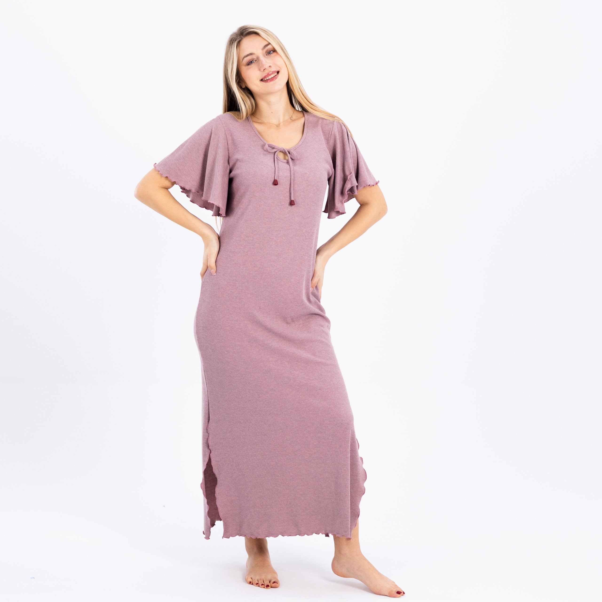 Serene Comfort Cotton Nightgown – Half Sleeves with Graceful Side Slit