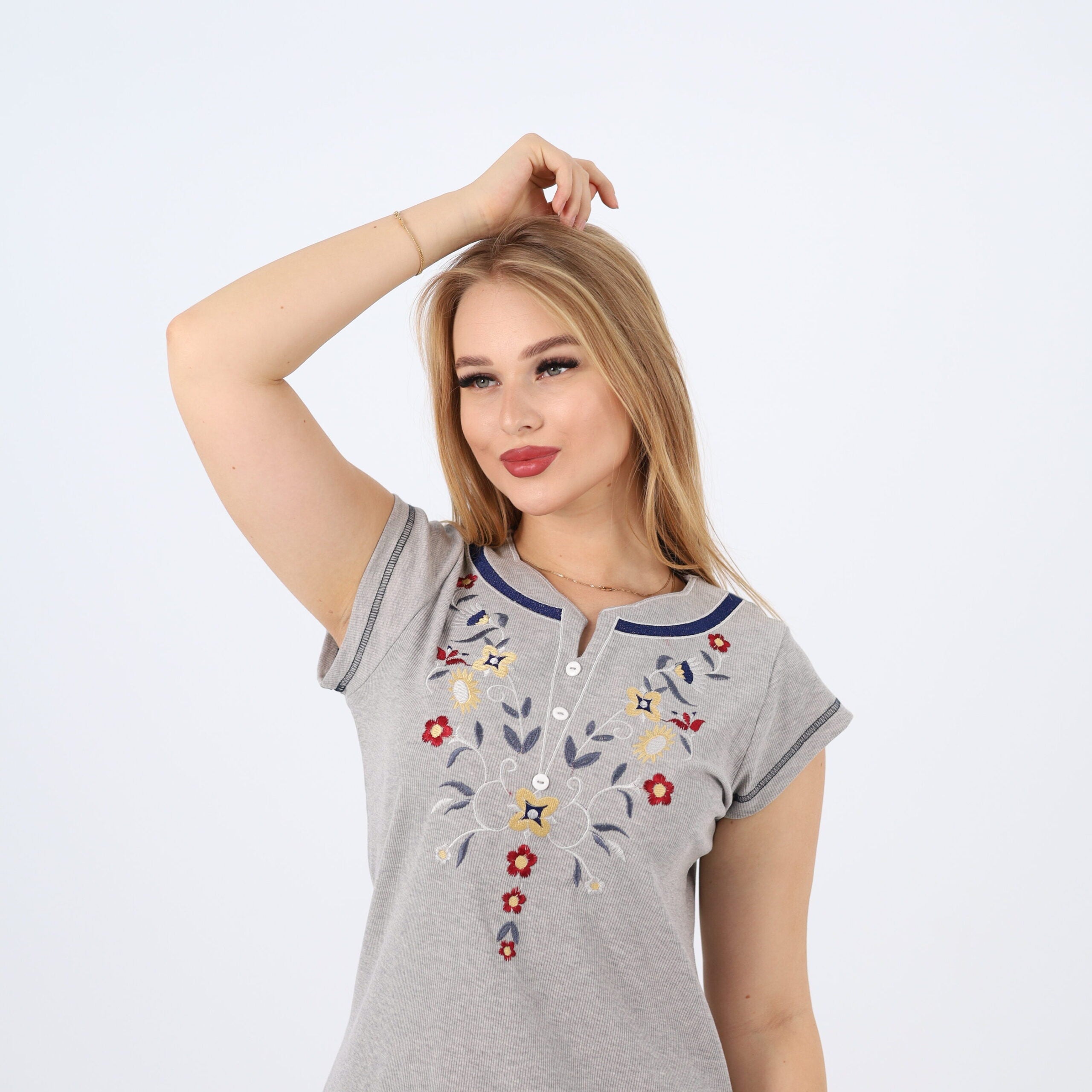 Embroidered Grey Nightgown–Versatile Elegance for Every Event