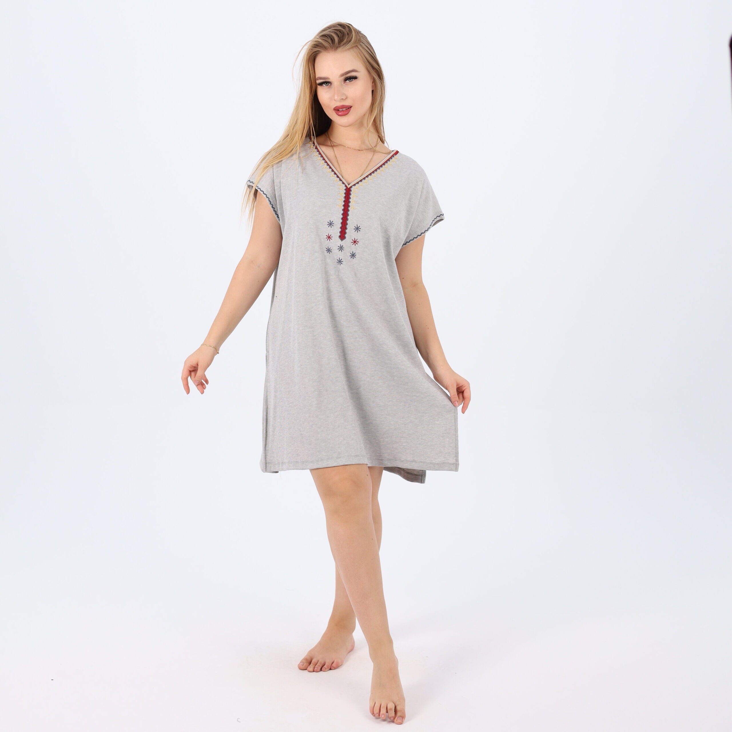 Women's Cotton V-Neck Nightgown with Delicate Embroidery - Soft and Comfortable