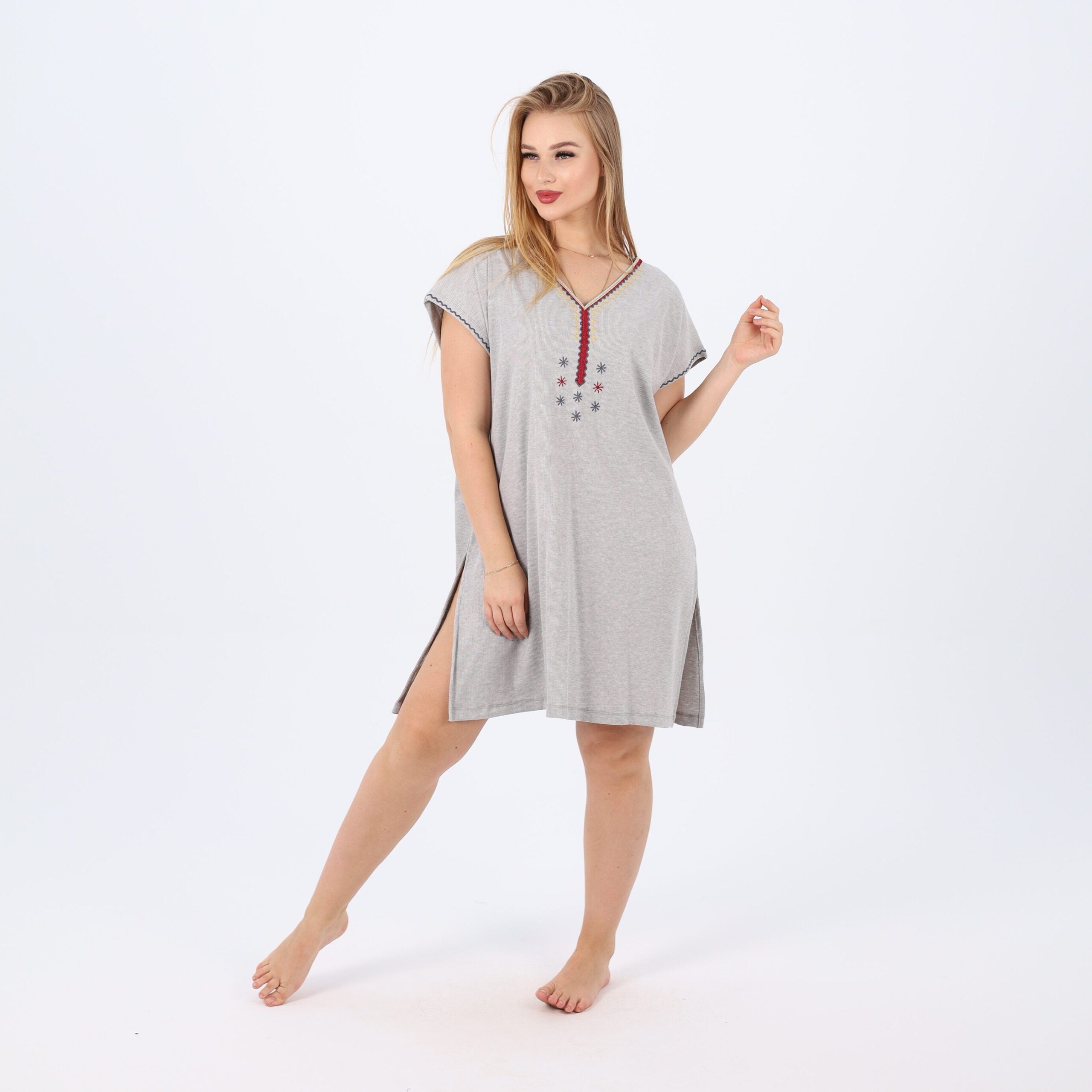 Women's Cotton V-Neck Nightgown with Delicate Embroidery - Soft and Comfortable